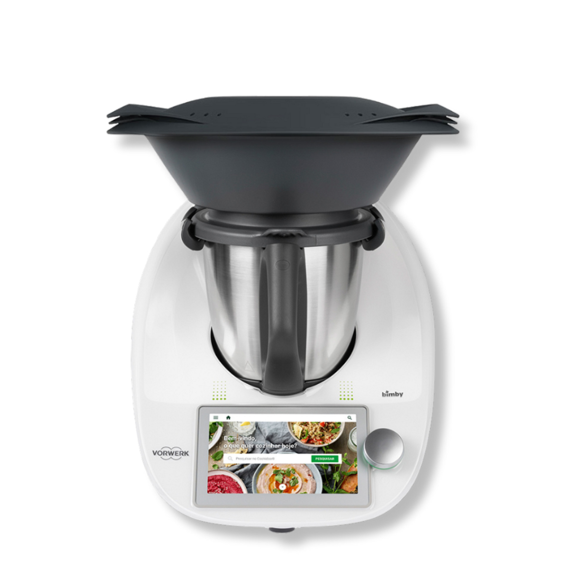Bimby TM6 con Varoma e display touch che mostra la selezione ricette, vista frontale.