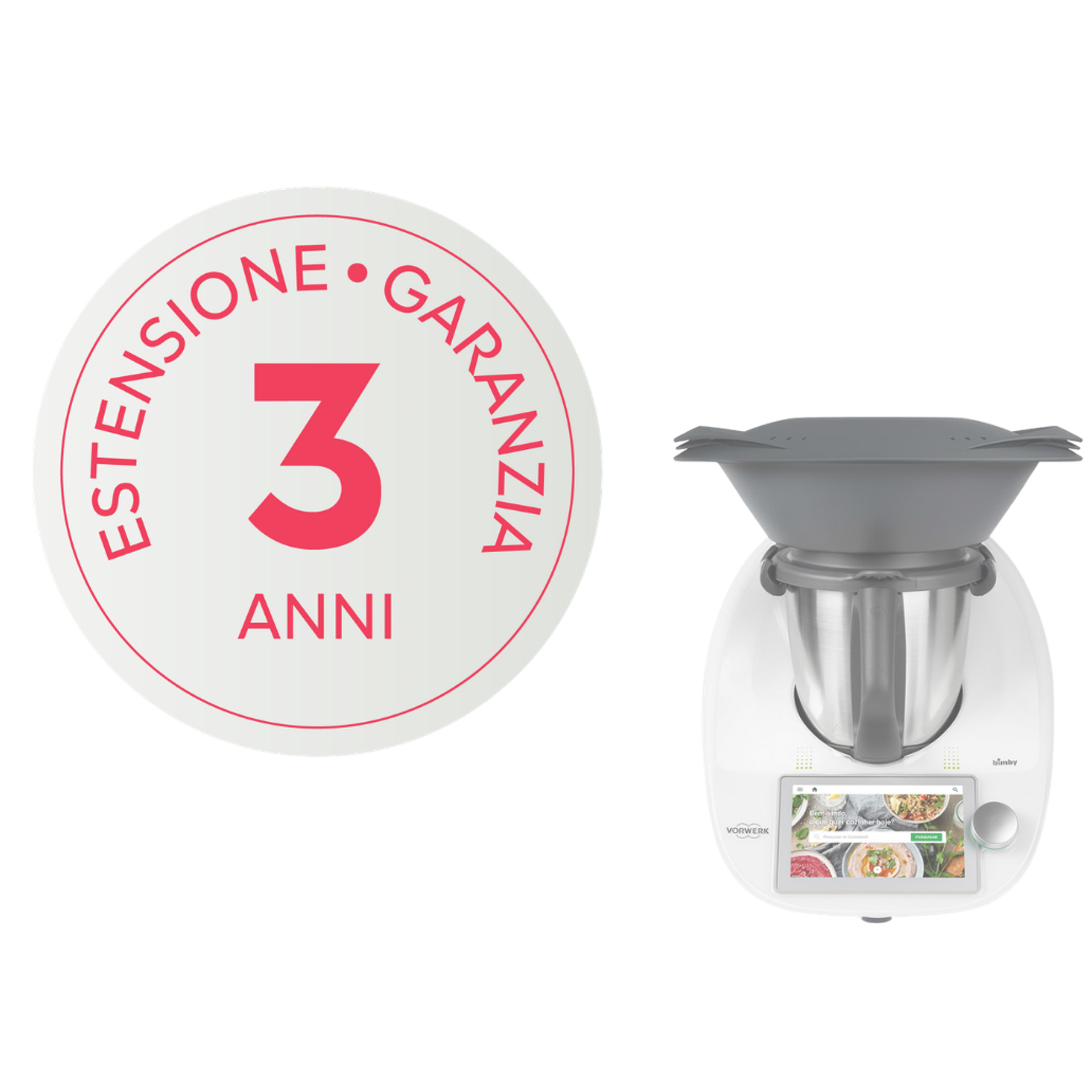 Bimby TM6 con Varoma e badge estensione garanzia di tre anni in italiano.