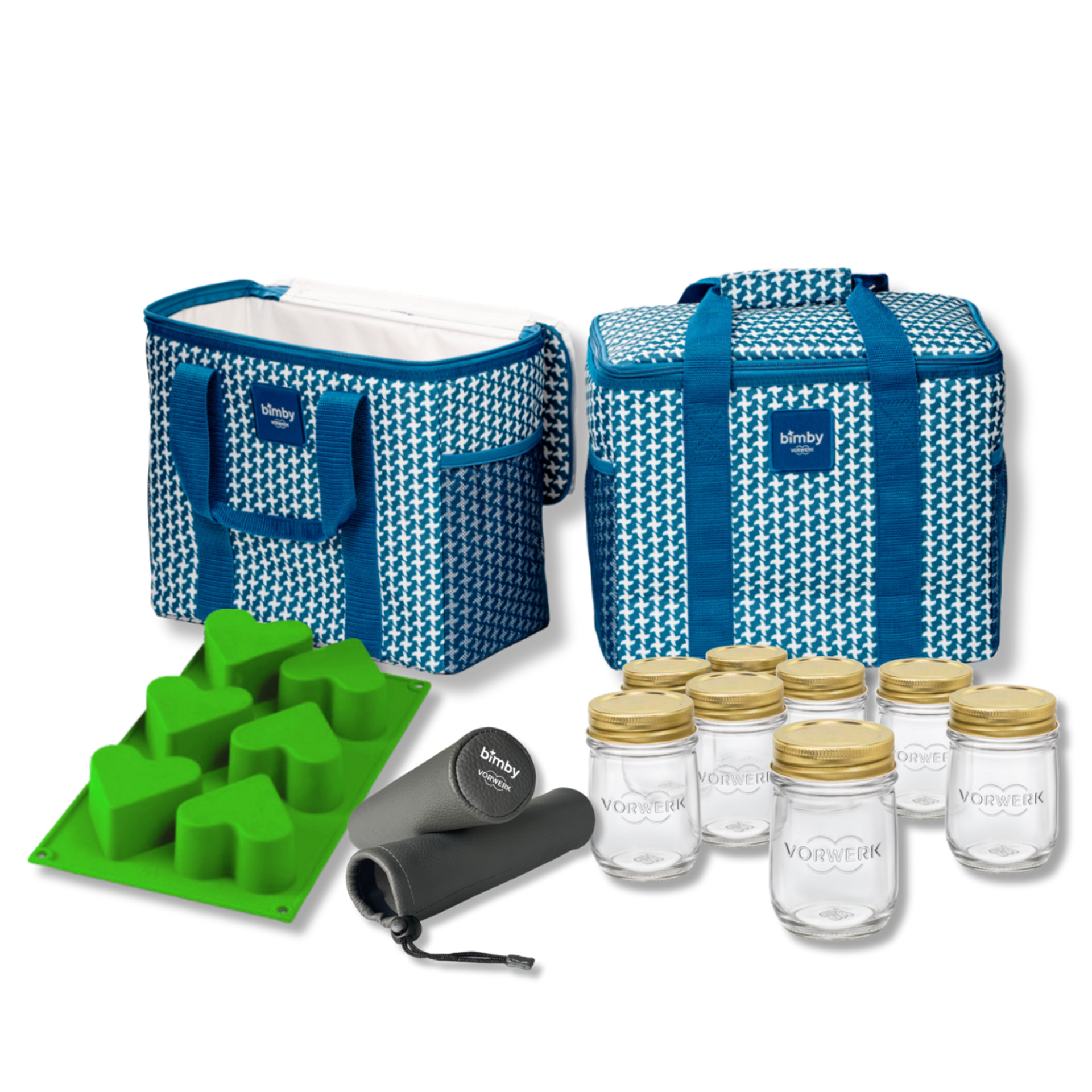 Set con due borse termiche blu sei vasetti in vetro con coperchio dorato stampo verde e custodia nera
