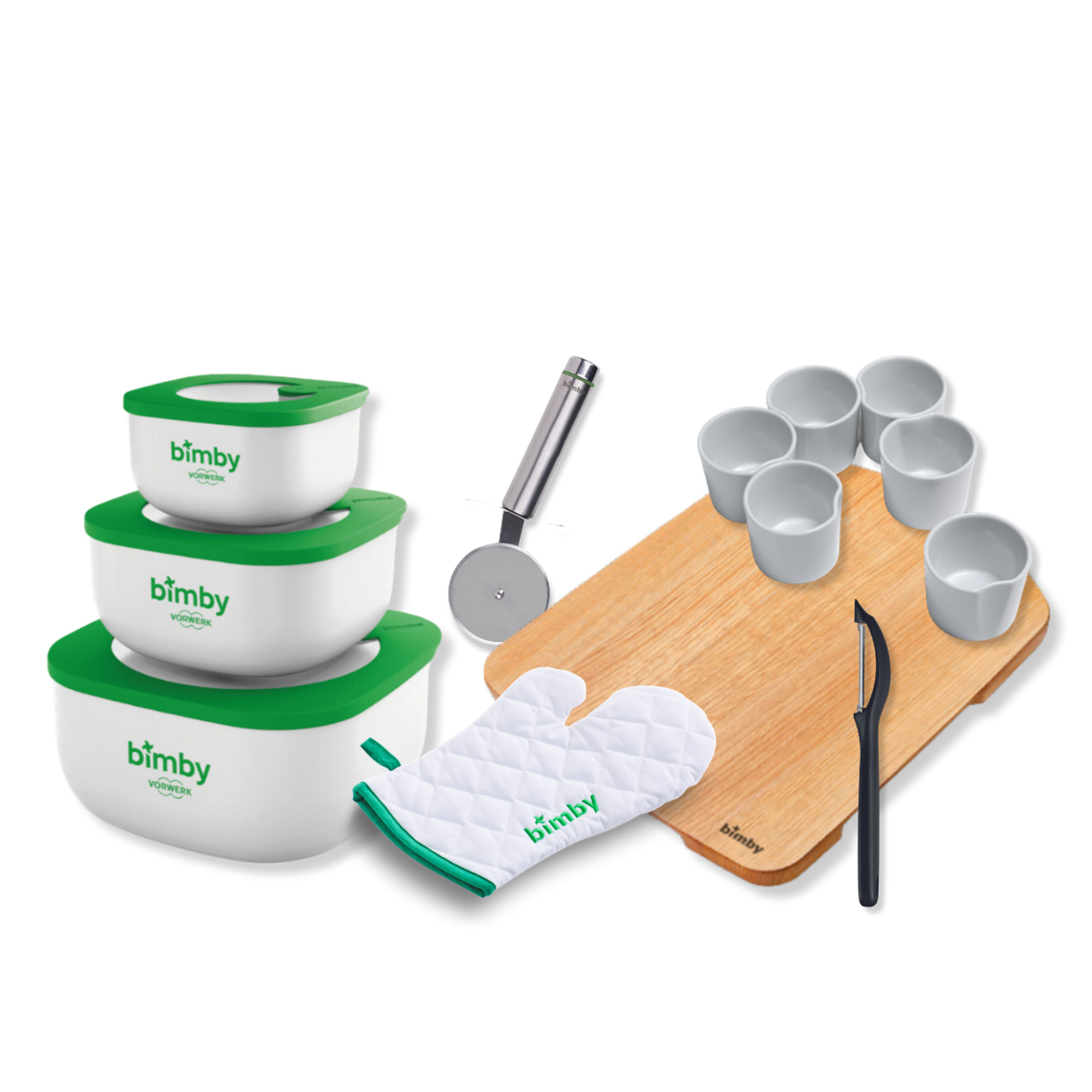 Set con tre contenitori Bimby tagliapizza guanto da forno sei cocottine pelaverdure e base scorrevole in legno