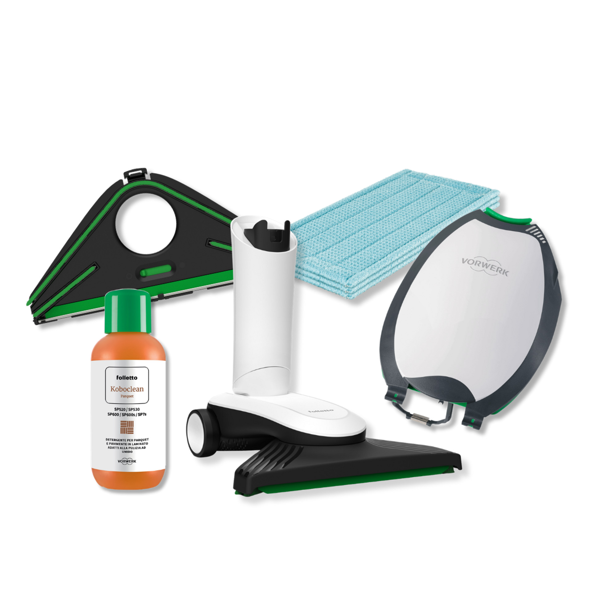 Kit accessori Folletto SP7 con panno, detergente, supporto e serbatoio su sfondo bianco.