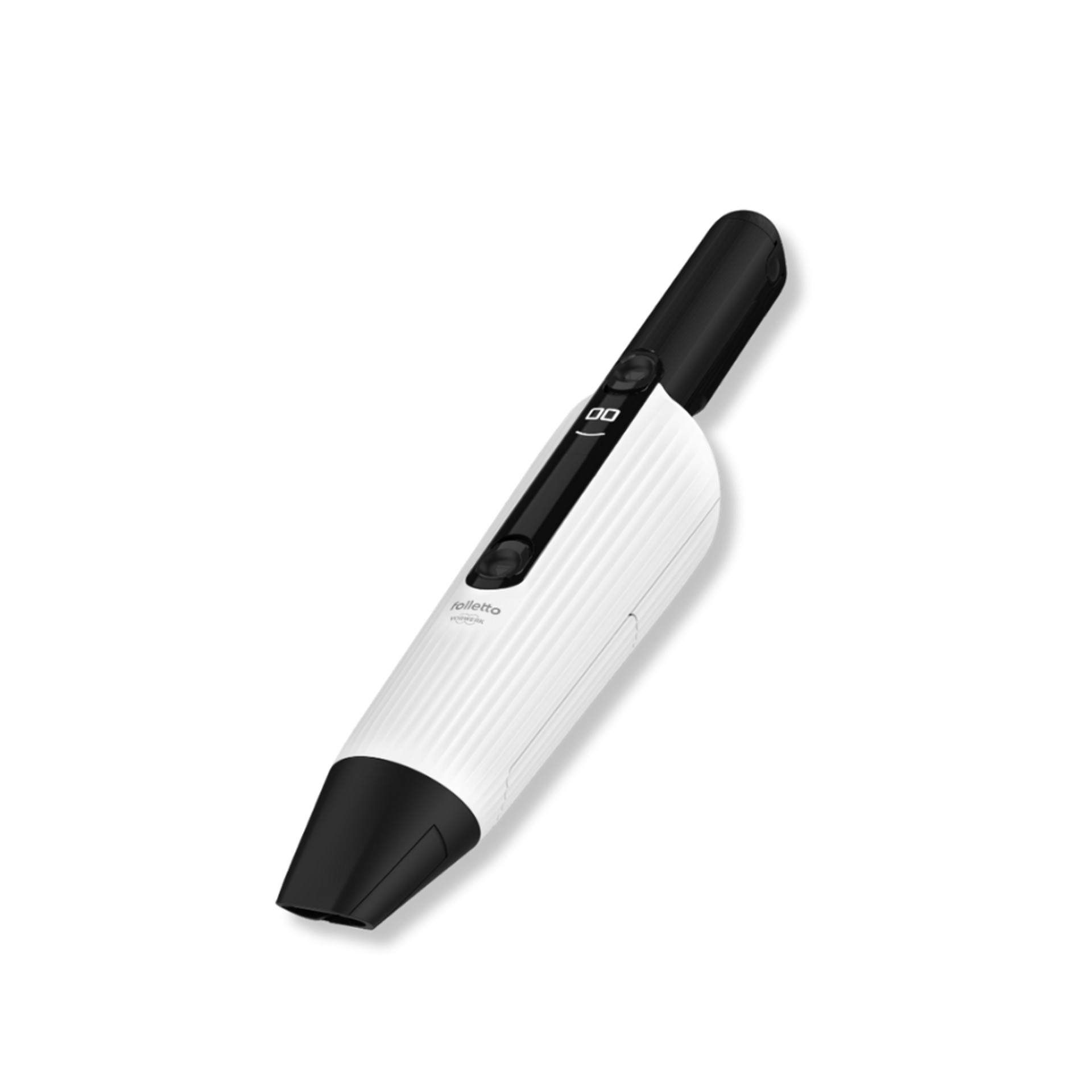 Aspirabriciole Folletto VM7 bianco e nero, visto in diagonale su sfondo uniforme.