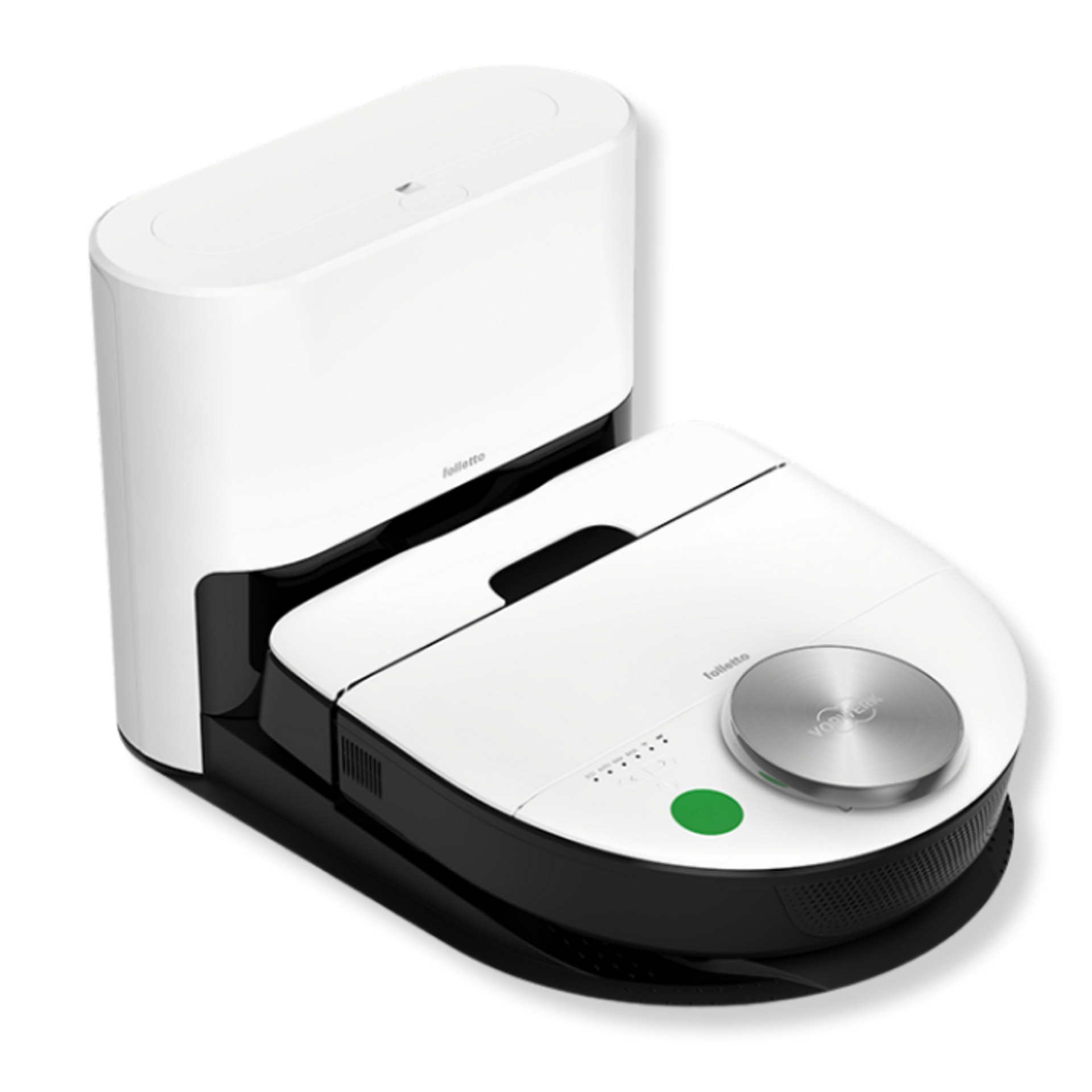 Robot Aspirapolvere Folletto VR7s con Base di svuotamento su sfondo bianco.