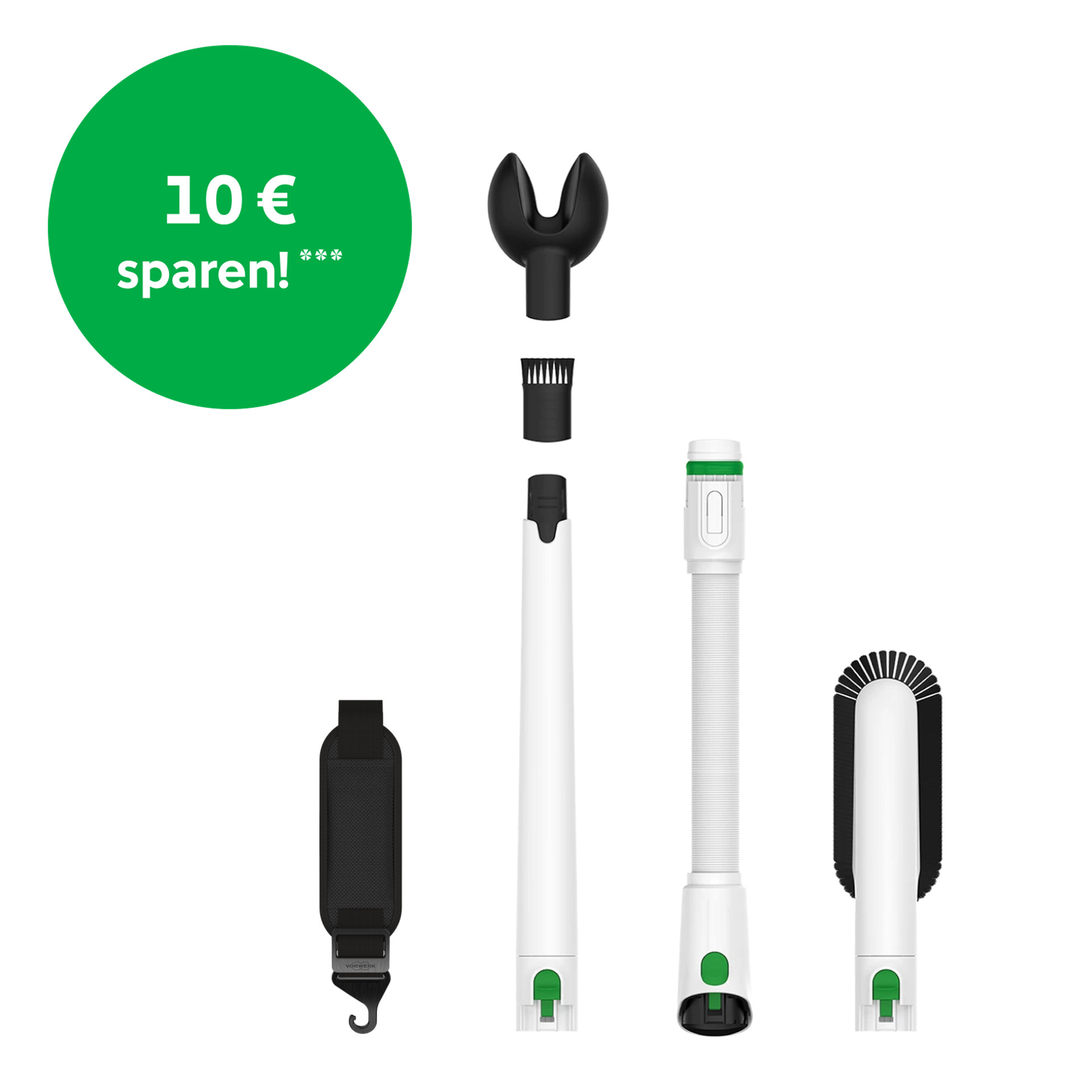 Kobold Reinigungsaufsatz-Set mit Düsen, Bürstenköpfen, Verlängerungsrohren und grünem „10 € sparen“ Hinweis.