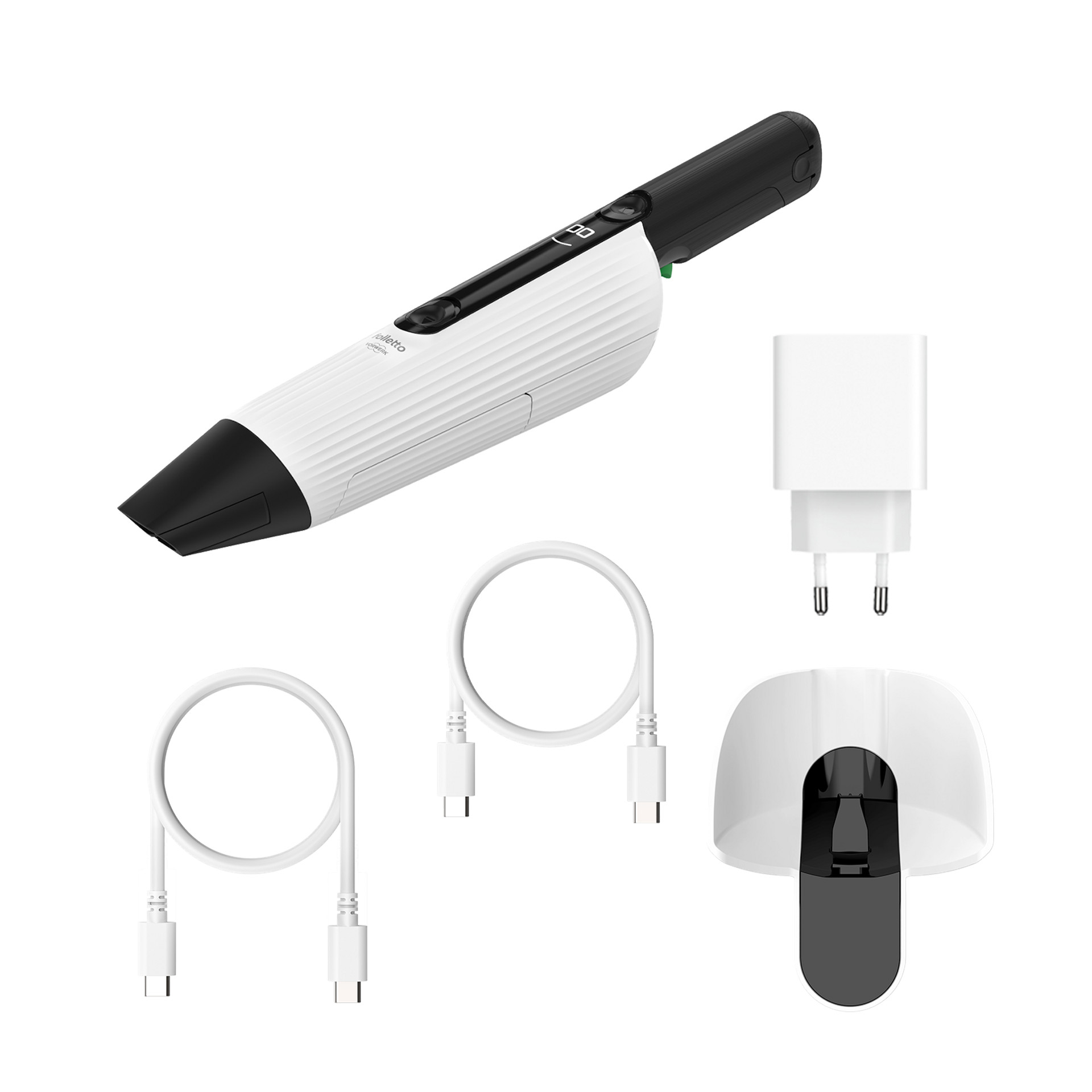 Kobold VM7 Akkusauger mit Ladekabeln, Wandhalterung und Netzadapter.