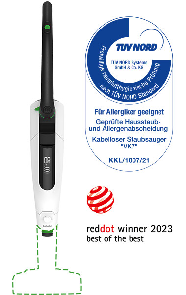 Kobold VK7 Akku-Staubsauger mit Siegel TÜV Nord und Award reddot winner 2023