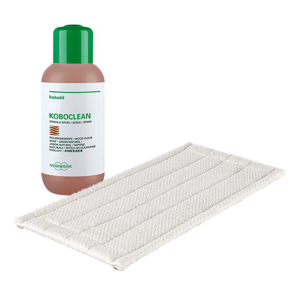kobold product Zestaw nakładki materiałowe i płyn Koboclean do parkietu setview