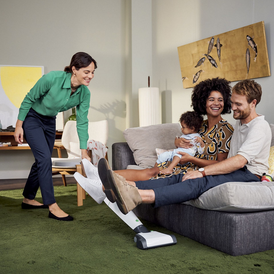 kobold vb100 ebb100 female advisor vacuuming carpet couple toddler