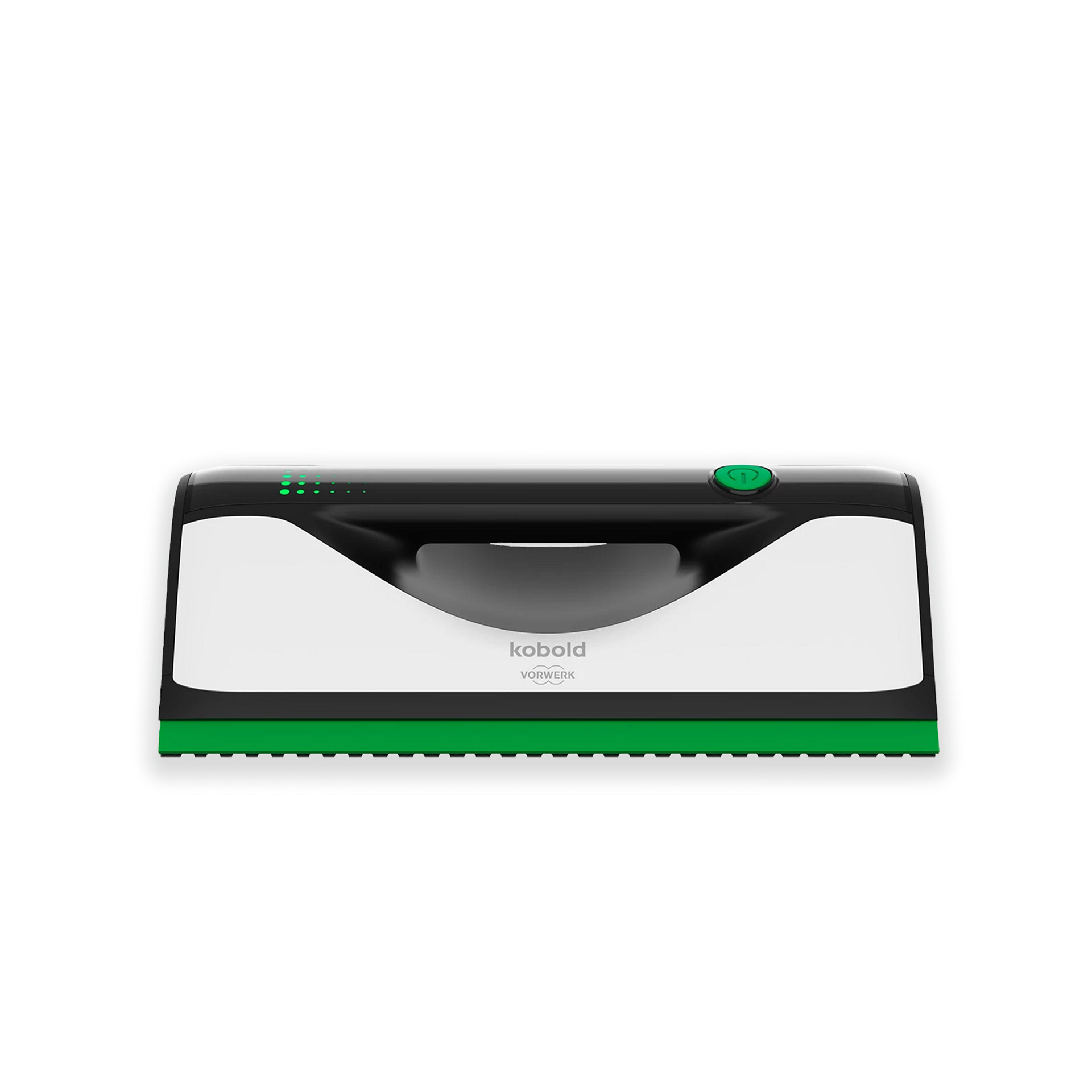 Kobold VG100+ Flächenreiniger mit weiß-schwarzem Design und grüner Akzentfarbe, Frontansicht.