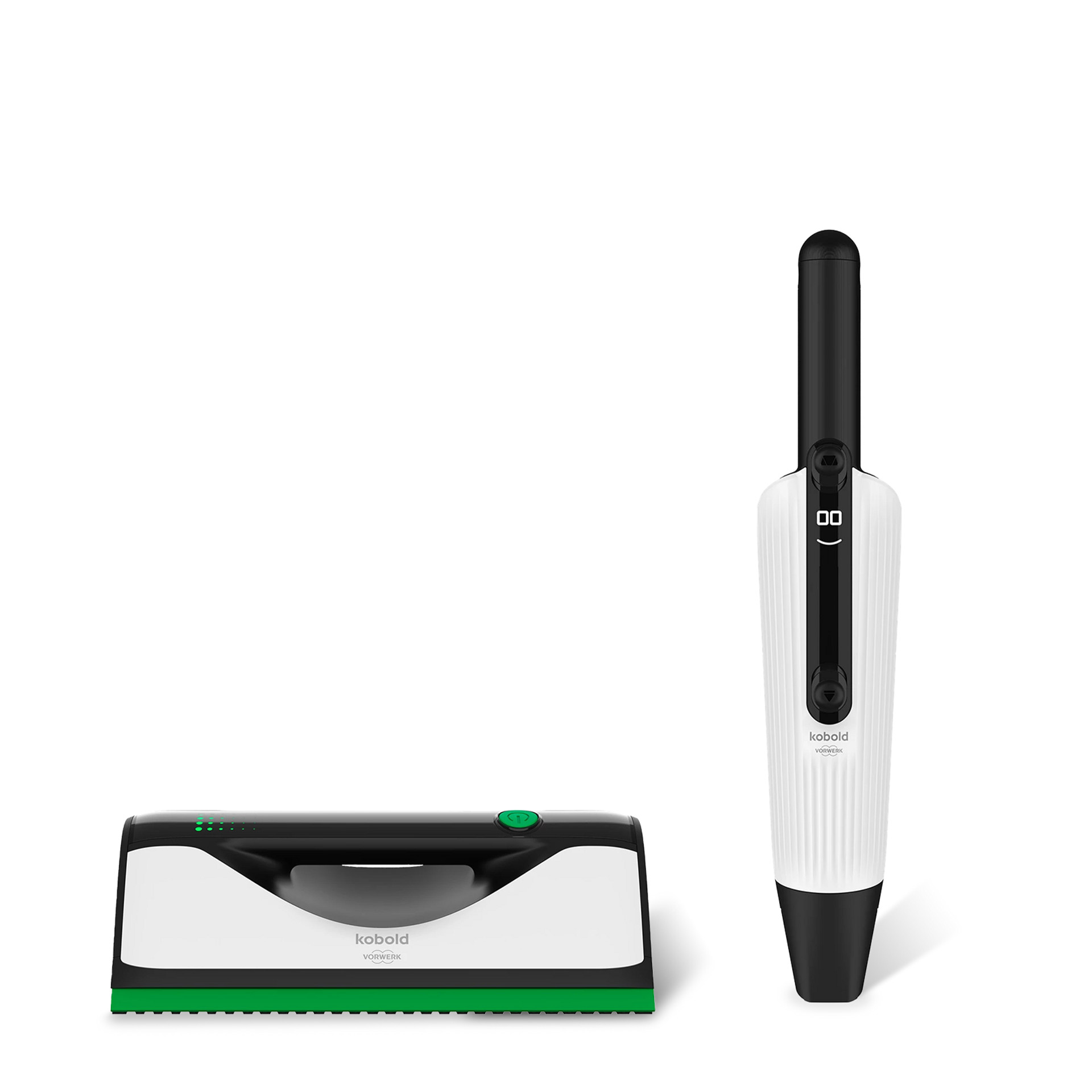 Kobold VG100+ Limpeza de Superfícies e Kobold VM7 Aspirador de Mão lado a lado sobre fundo branco.