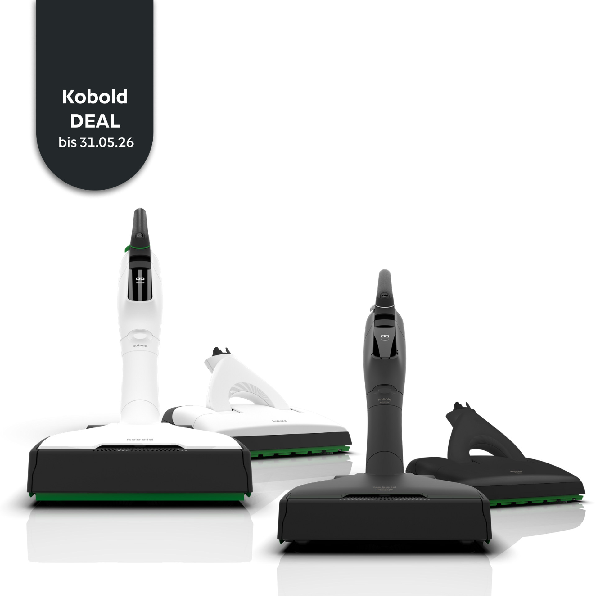 Kobold VK7 Akku-Staubsauger mit EB7 Elektrobürste und SP7 Saugwischer in Weiß und Schwarz unter einem Aktionsbanner.