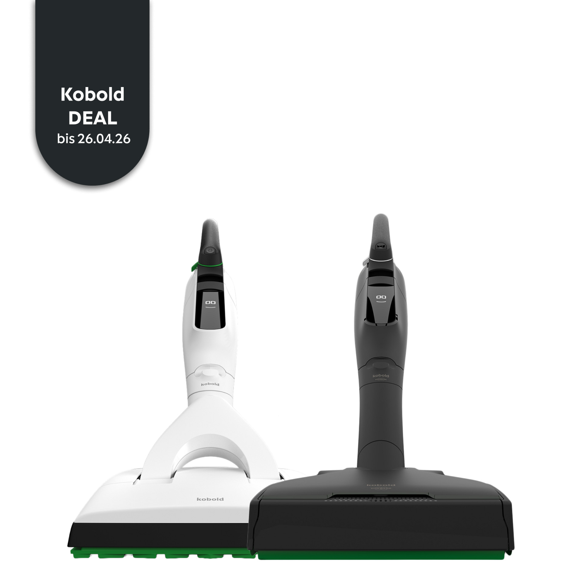 Kobold VK7 Akku-Staubsauger mit SP7 Saugwischer in Weiß und Schwarz, Frontansicht, mit "Kobold DEAL bis 26.04.26".