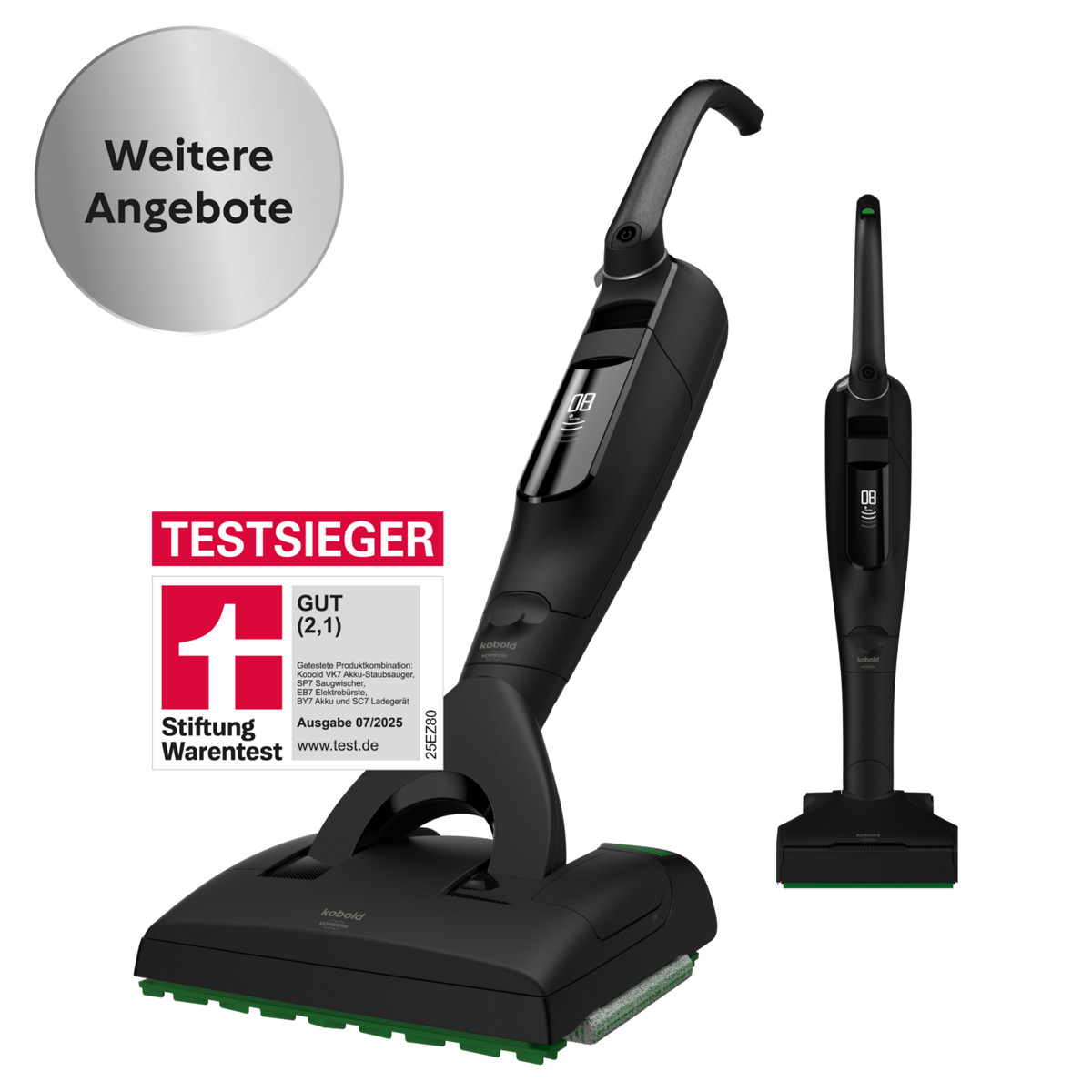 VK7 Akku-Staubsauger und Akku-Saugwischer in Schwarz. Mit Logo Stiftung Warentest.