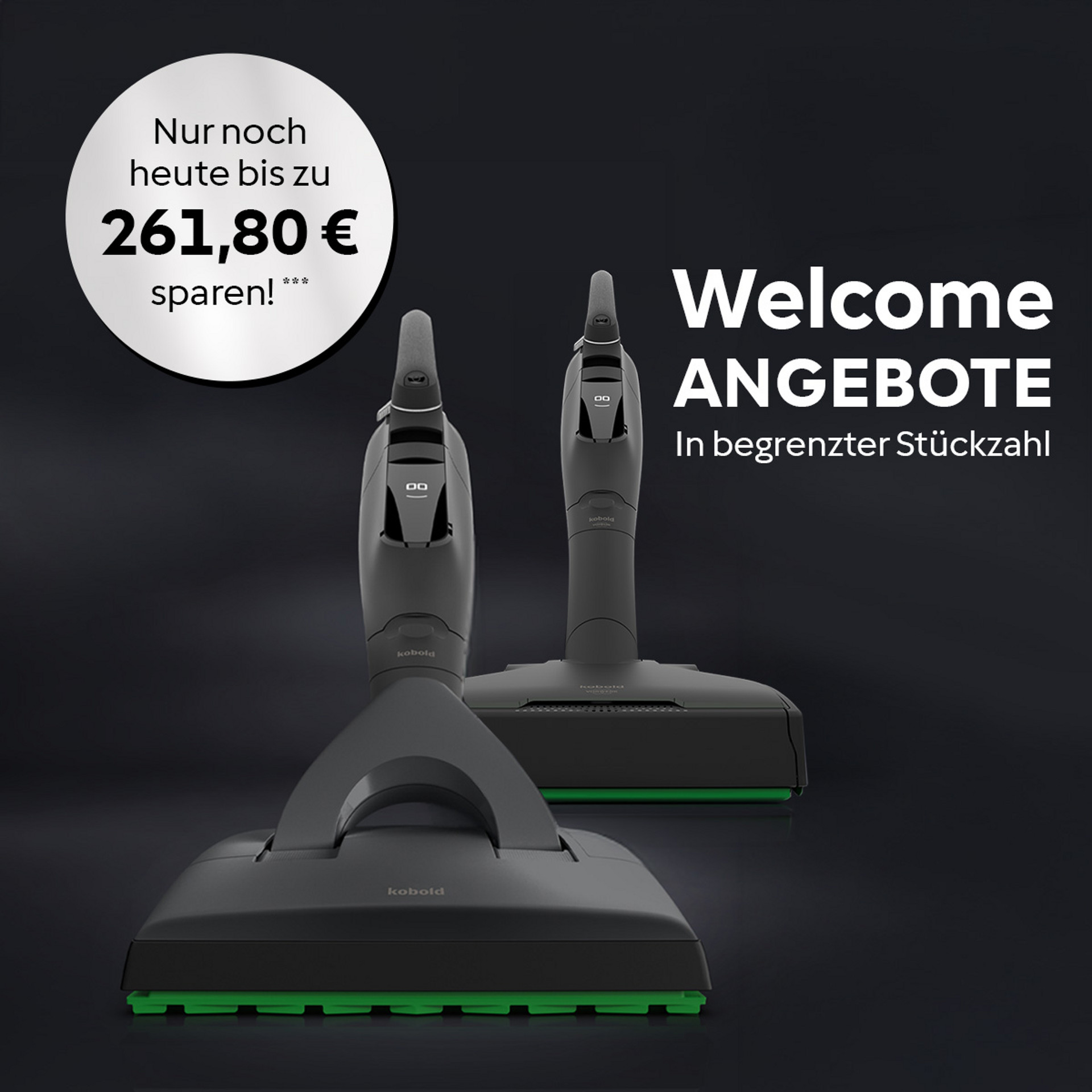 Zwei Kobold VK7 Akku-Staubsauger mit EB7 Elektrobürste Special Edition Black, Werbetext für zeitlich begrenztes Angebot.