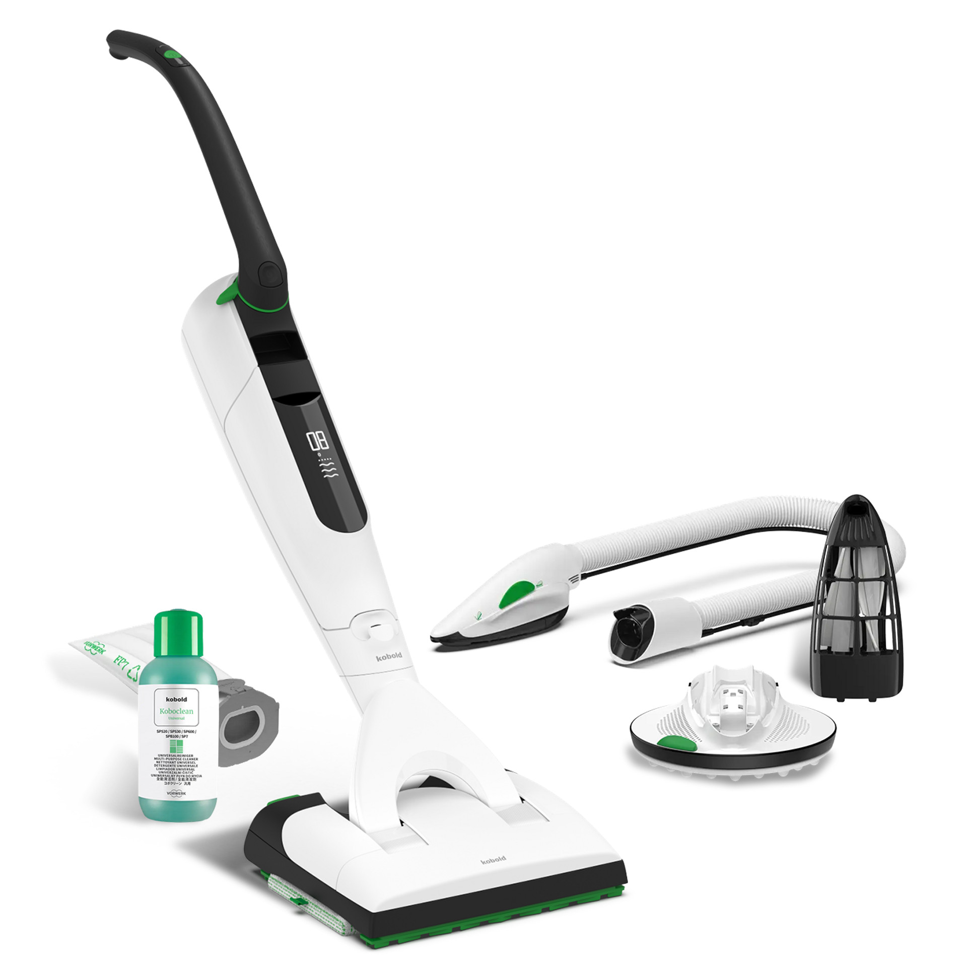 Kobold VK7 with SP7, PB7, accessories and cleaning solution displayed on a white background.