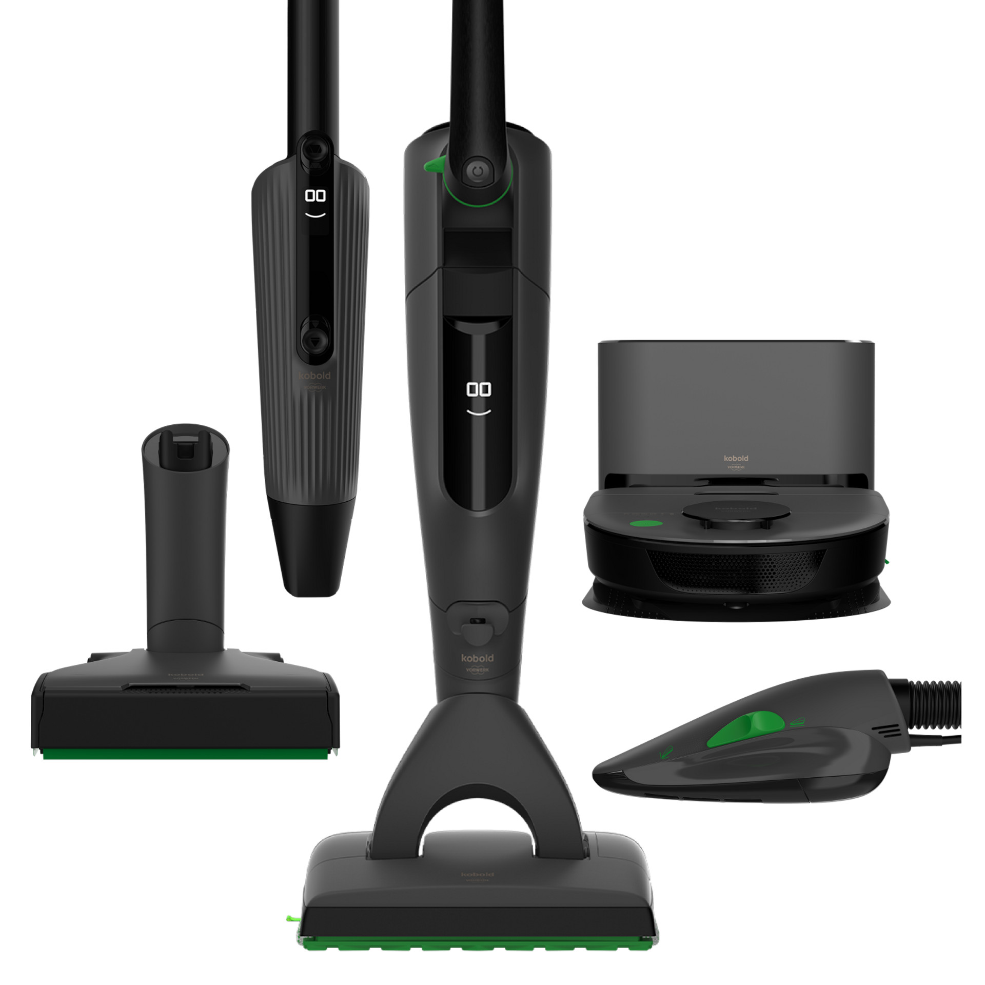 Kobold VK7, VM7, PB7, SP7 und VR7 in Schwarz, mit Akkustaubsauger, Zubehör und Saugroboter.