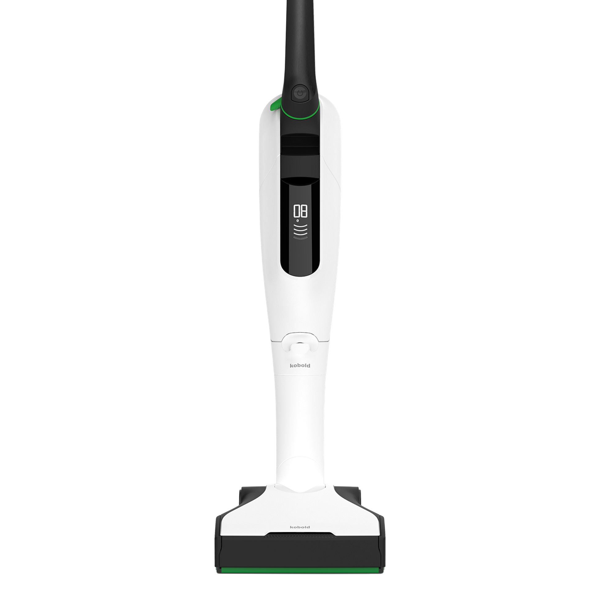 Kobold VK7 cordless vacuum with SP7 attachment, shown upright from the front, display screen visible.