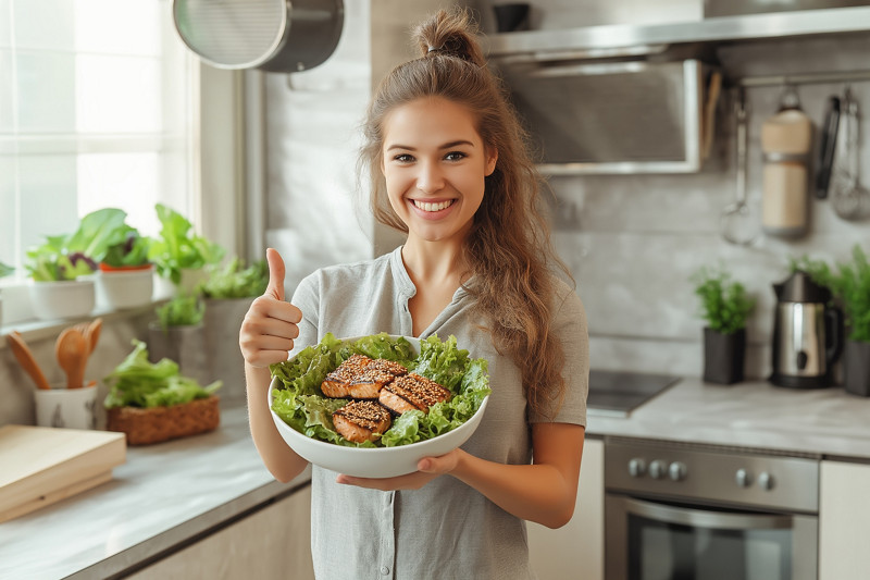 Minimalistic medium long shot photo of a slim, sporty woman standing in full height, holding a bowl of mixed leafy greens with grilled salmon and a sprinkle of sesame seeds, smiling and giving a thumbs-up gesture. Bright natural lighting, clean and modern kitchen background. --no portrait --chaos 25 --ar 3:2 --stylize 200 --v 6.1 Job ID: 7c3268a6-c4a0-49d8-9536-07d4e48d9951