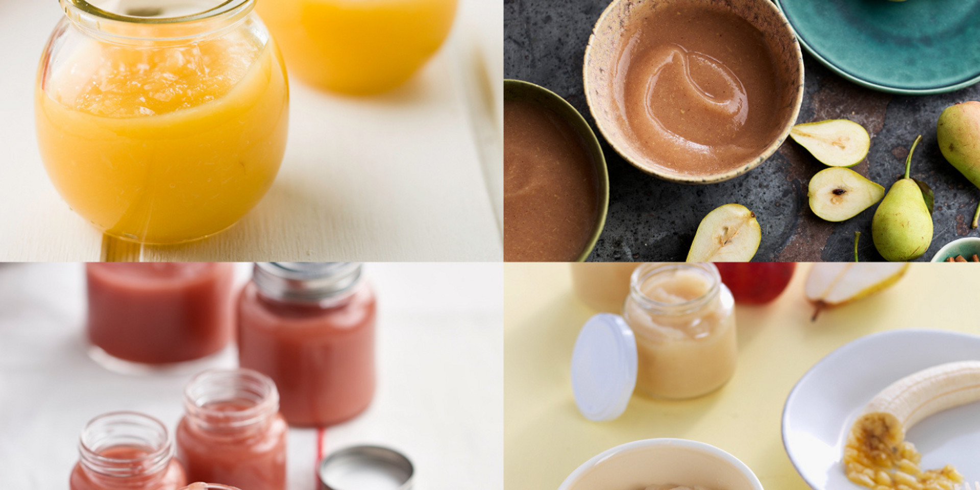 Quatro tipos de purés de fruta em frascos e taças, cada um com cores e ingredientes diferentes ao lado.