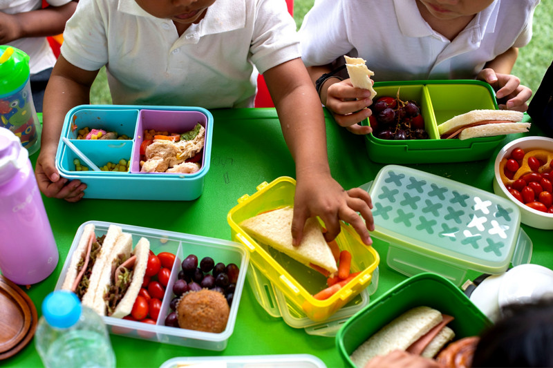 Children enjoying healthy lunch outdoors.