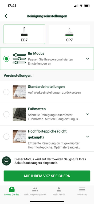 my kobold app vk7 reinigungseinstellungen