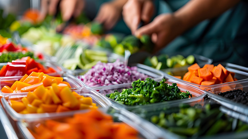 Healthy meal prep scene with a variety of colorful fresh vegetables being chopped and portioned into separate containers,promoting a balanced and nutritious lifestyle.