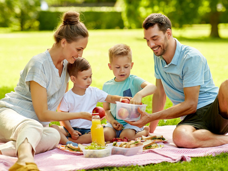 family, leisure and people concept - happy mother, father and two little sons having picnic at summer park