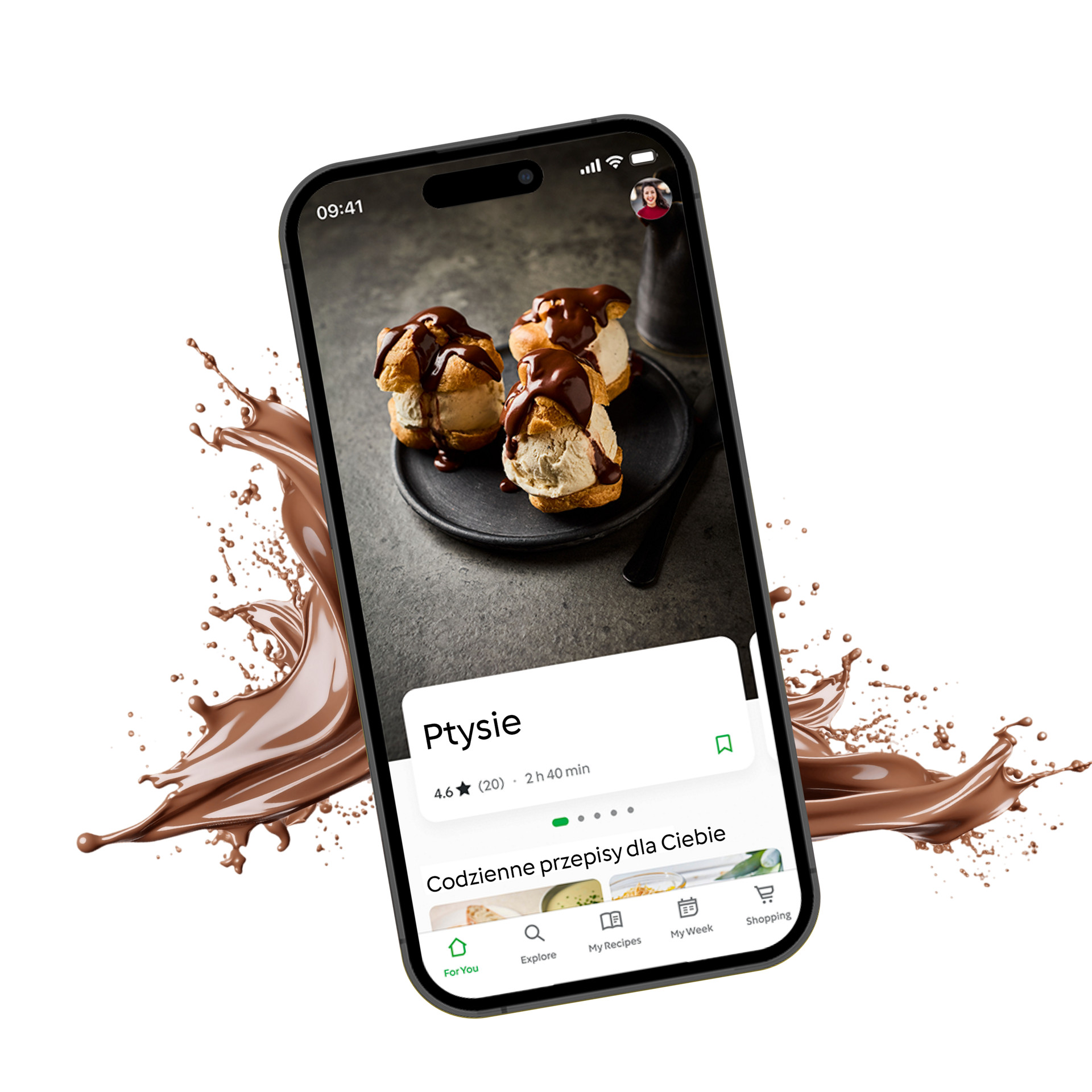 Smartfon wyświetla przepis na ptysie z czekoladą i interfejs aplikacji, w tle wiry czekolady.