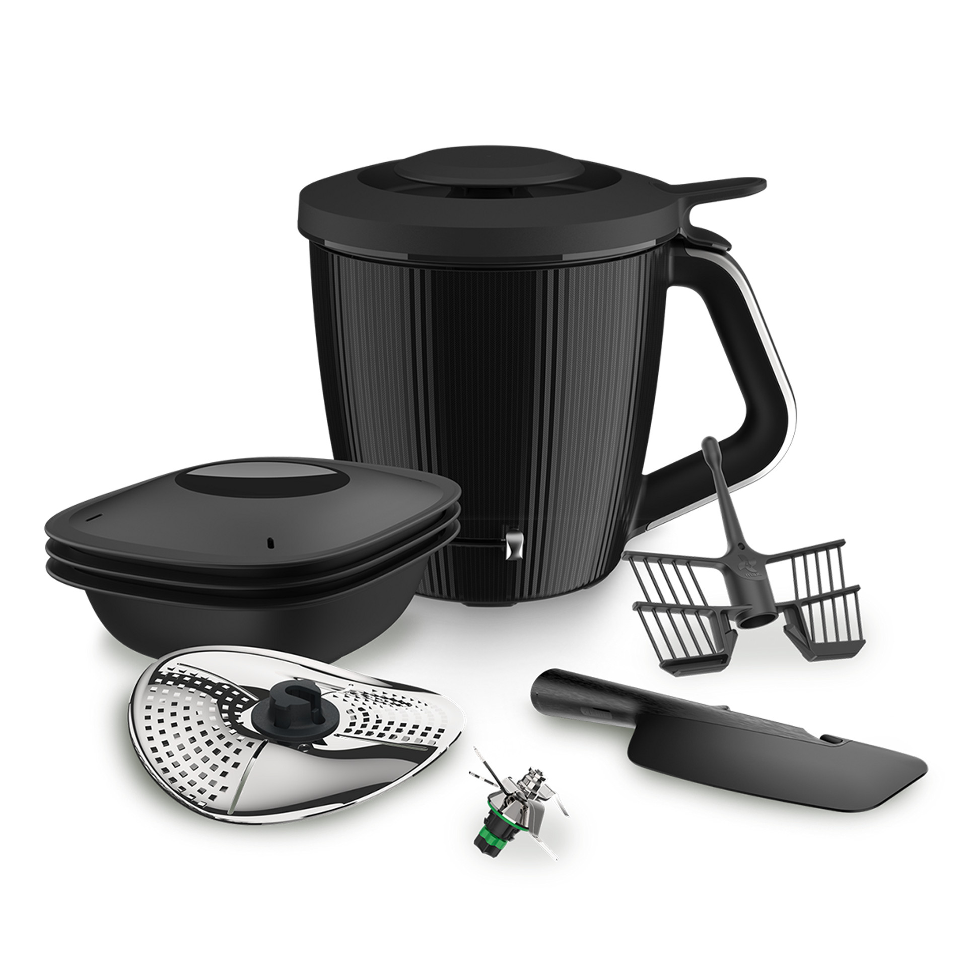 Zestaw z naczyniem miksującym Thermomix® TM7 z pokrywą, Varomą, motylkiem, szpatułką, nożem i obieraczką.