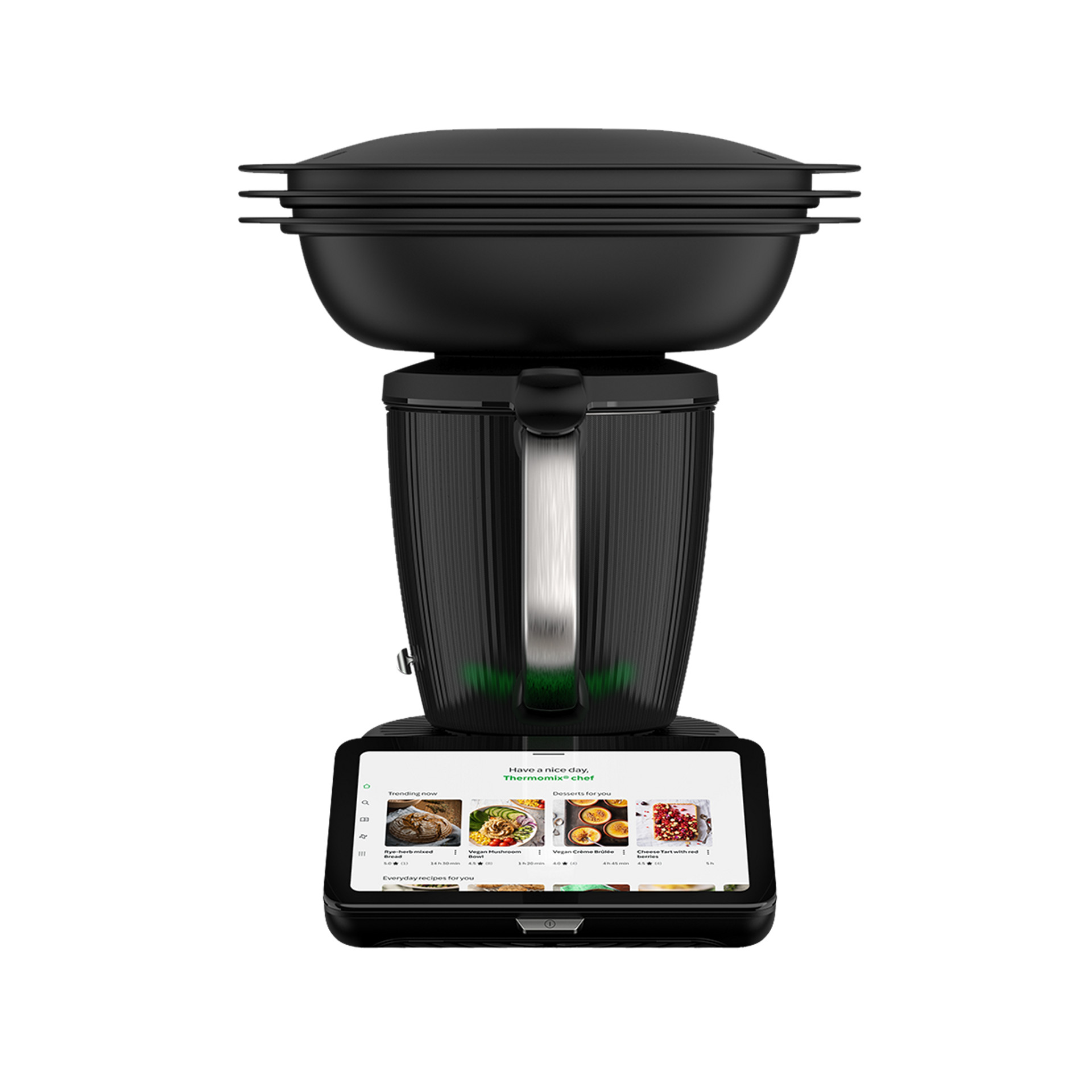 Thermomix® TM7 z nakładką Varoma, widok z przodu, ekran na podstawie widoczny.