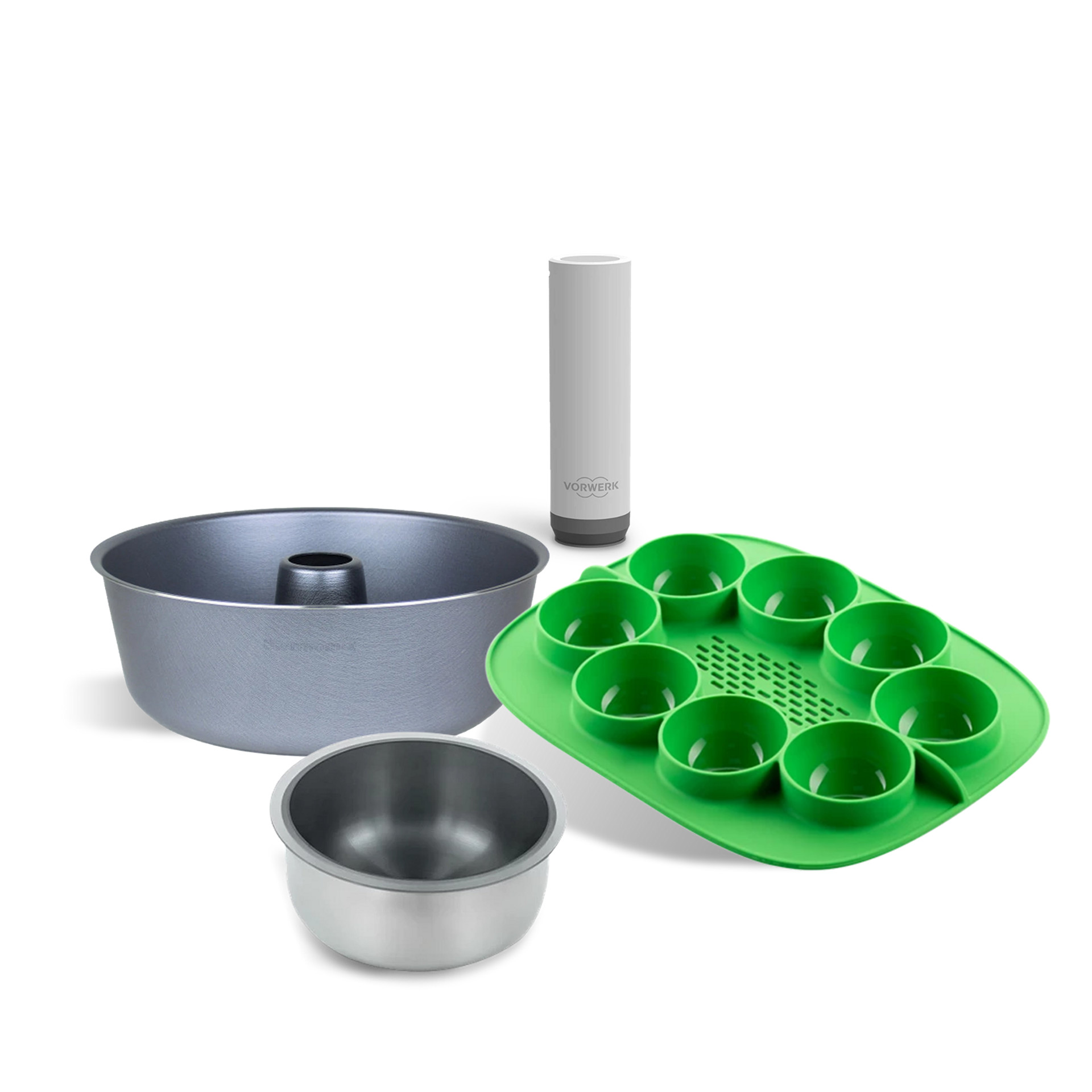 Zestaw akcesoriów do Thermomix® do pieczenia i gotowania: forma na babkę, misa i zielona silikonowa forma.