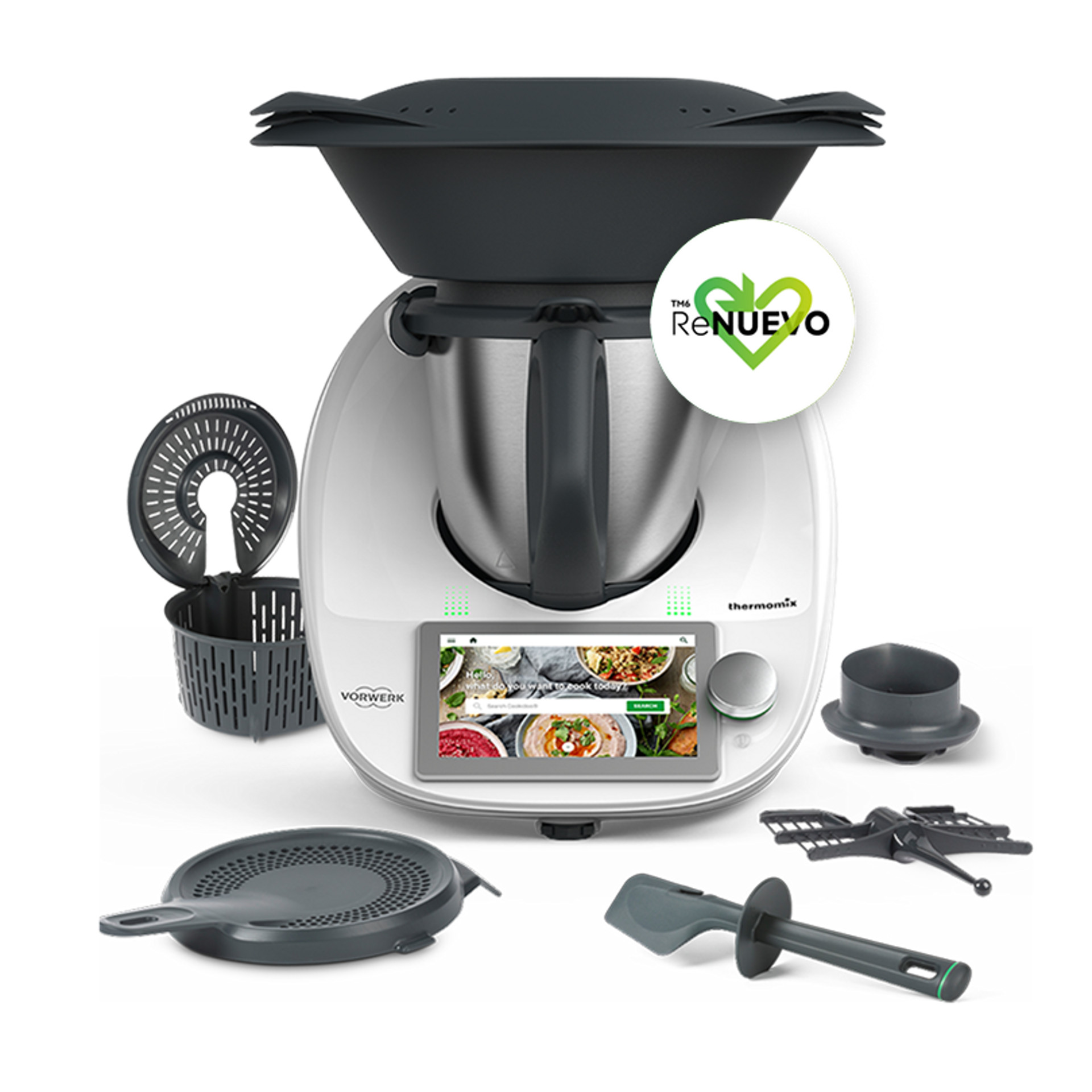 Thermomix® TM6 con Varoma, accesorios y el logo TM6 ReNUEVO en la pantalla.