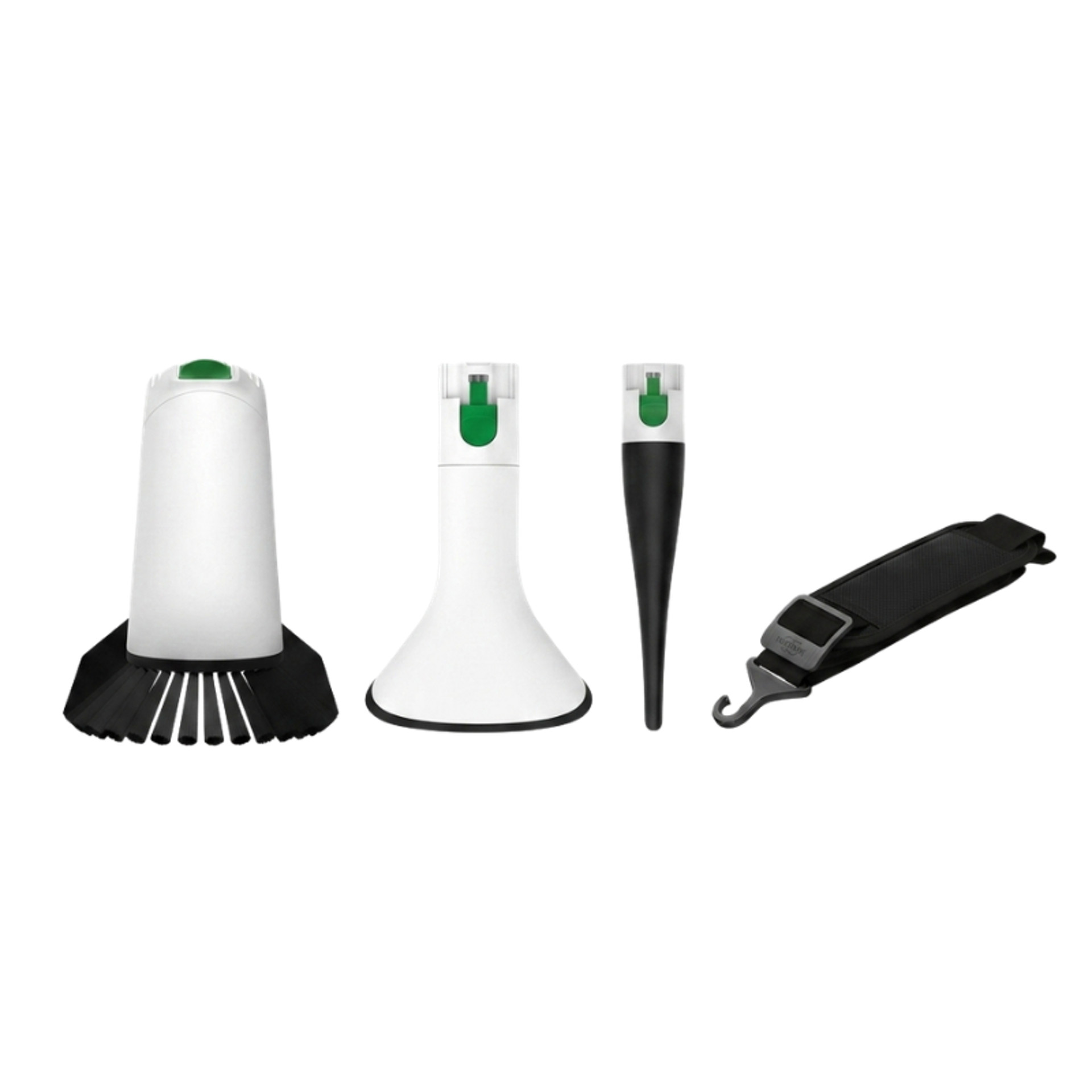 Conjunto de acessórios Kobold para aspirador com três bocais e uma correia para tarefas de limpeza variadas.