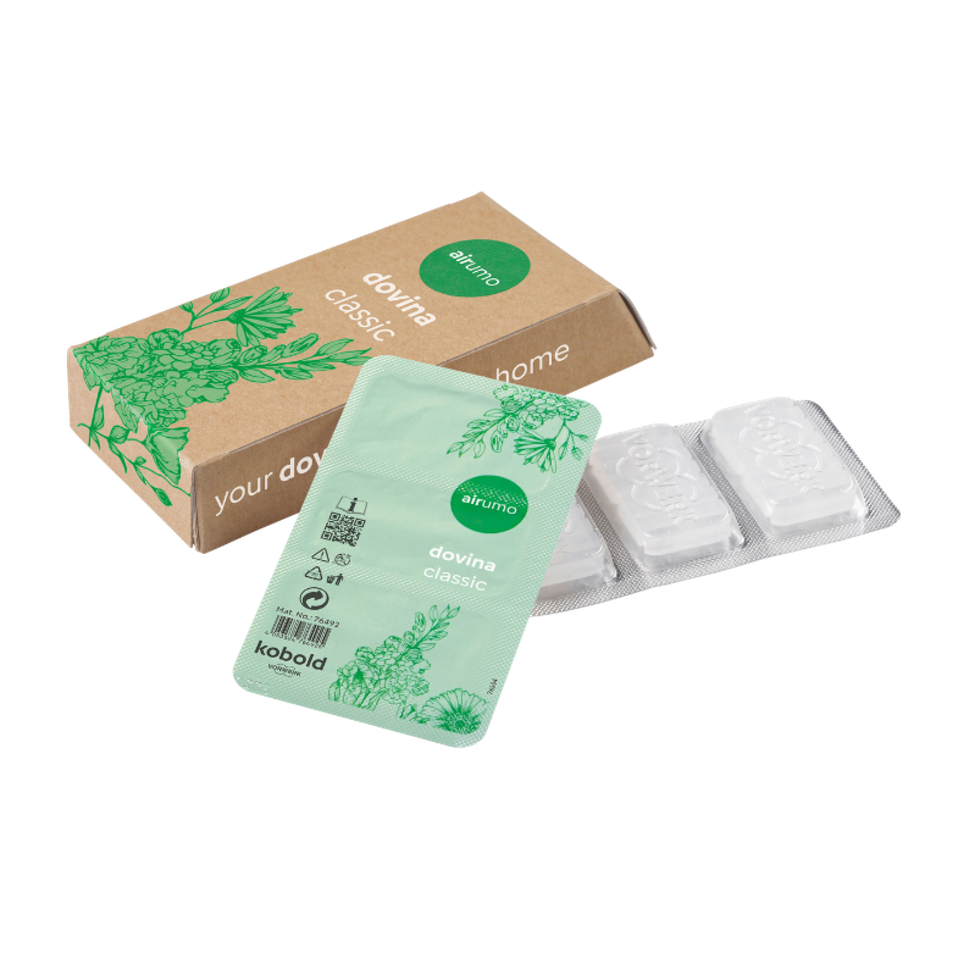 Embalagem Airumo Dovina Classic com três pastilhas brancas em blister e caixa de cartão.