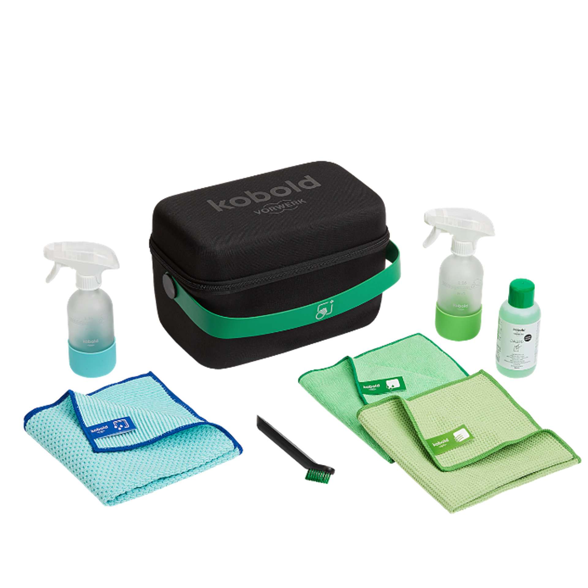 Kit de limpeza Kobold com estojo, pulverizadores, panos de microfibra, escova e solução de limpeza.