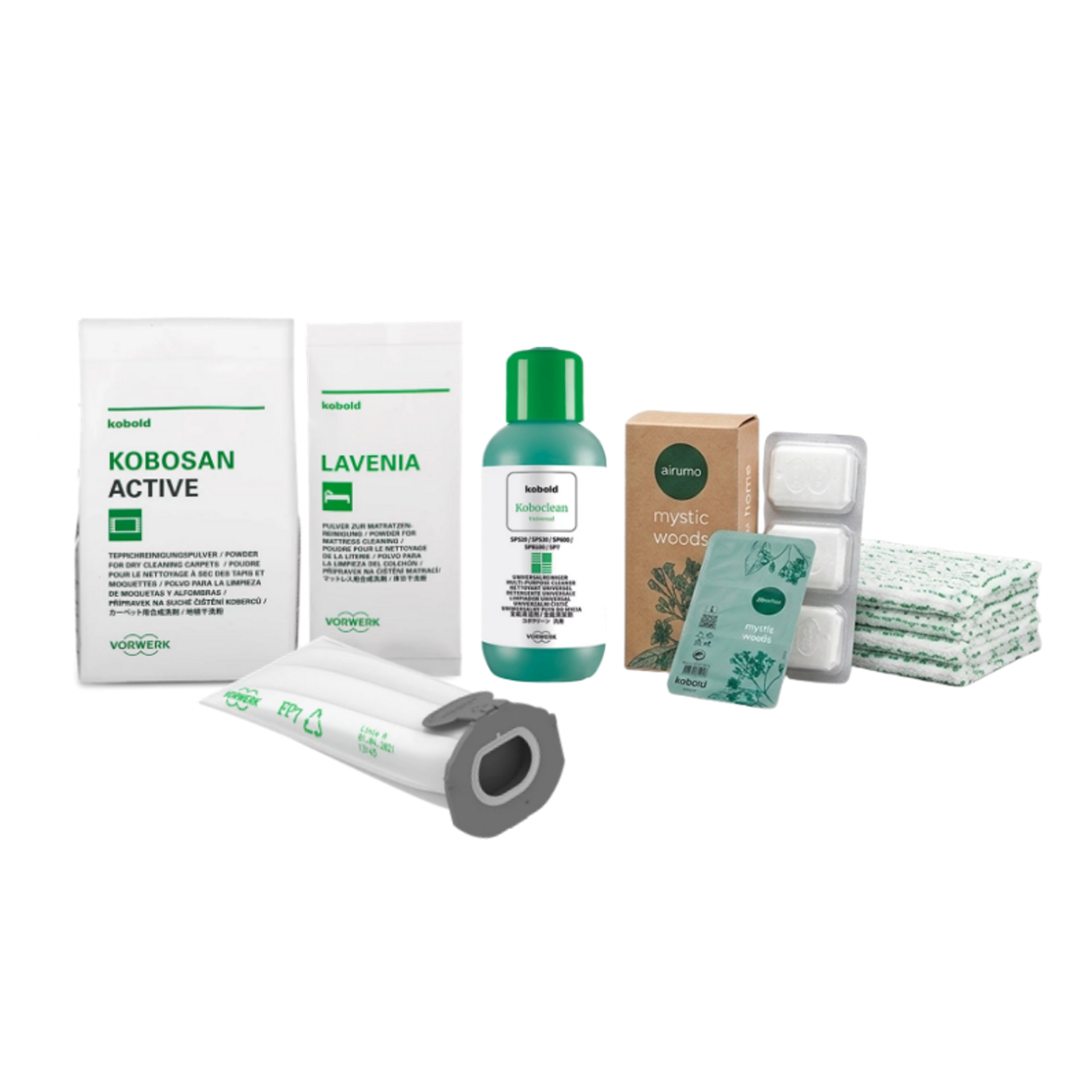 Produtos de limpeza e cuidado Kobold da Vorwerk: detergentes, aromatizantes, panos de limpeza e filtro para aspirador.