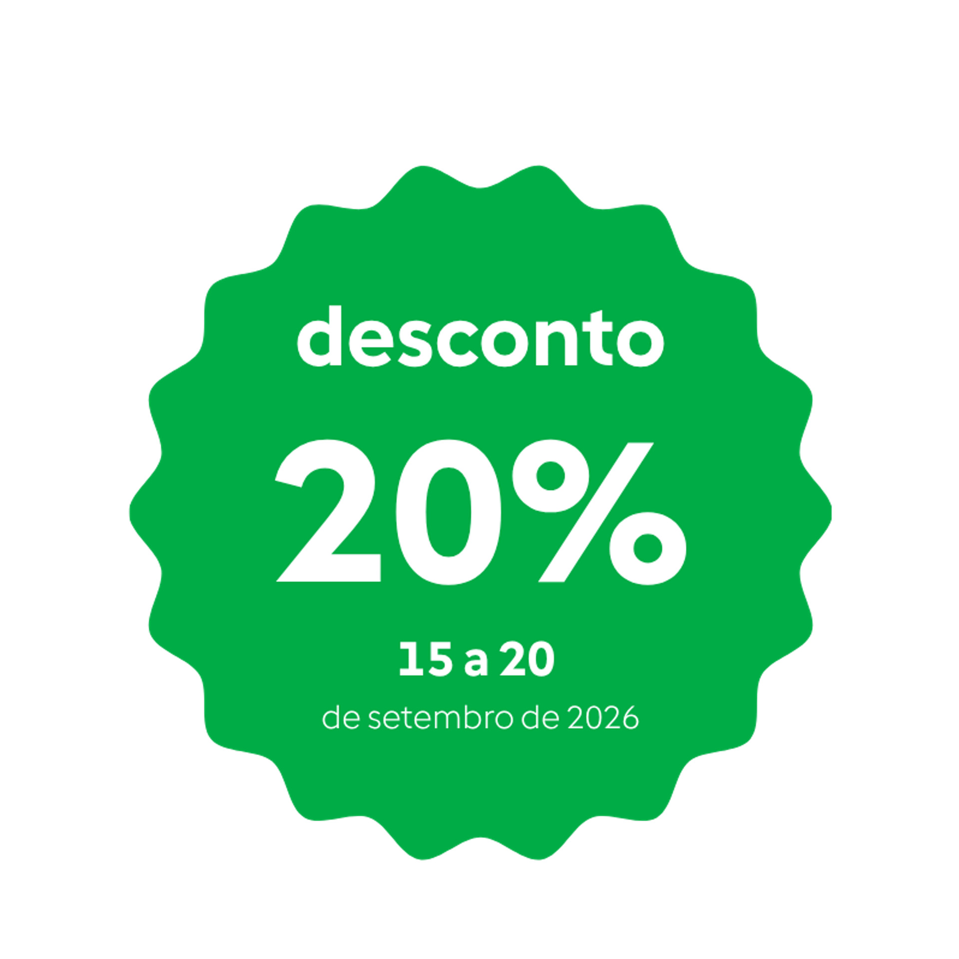 Selo verde com "desconto 20%" e "15 a 20 de setembro de 2026", indicando período de desconto de 20%.