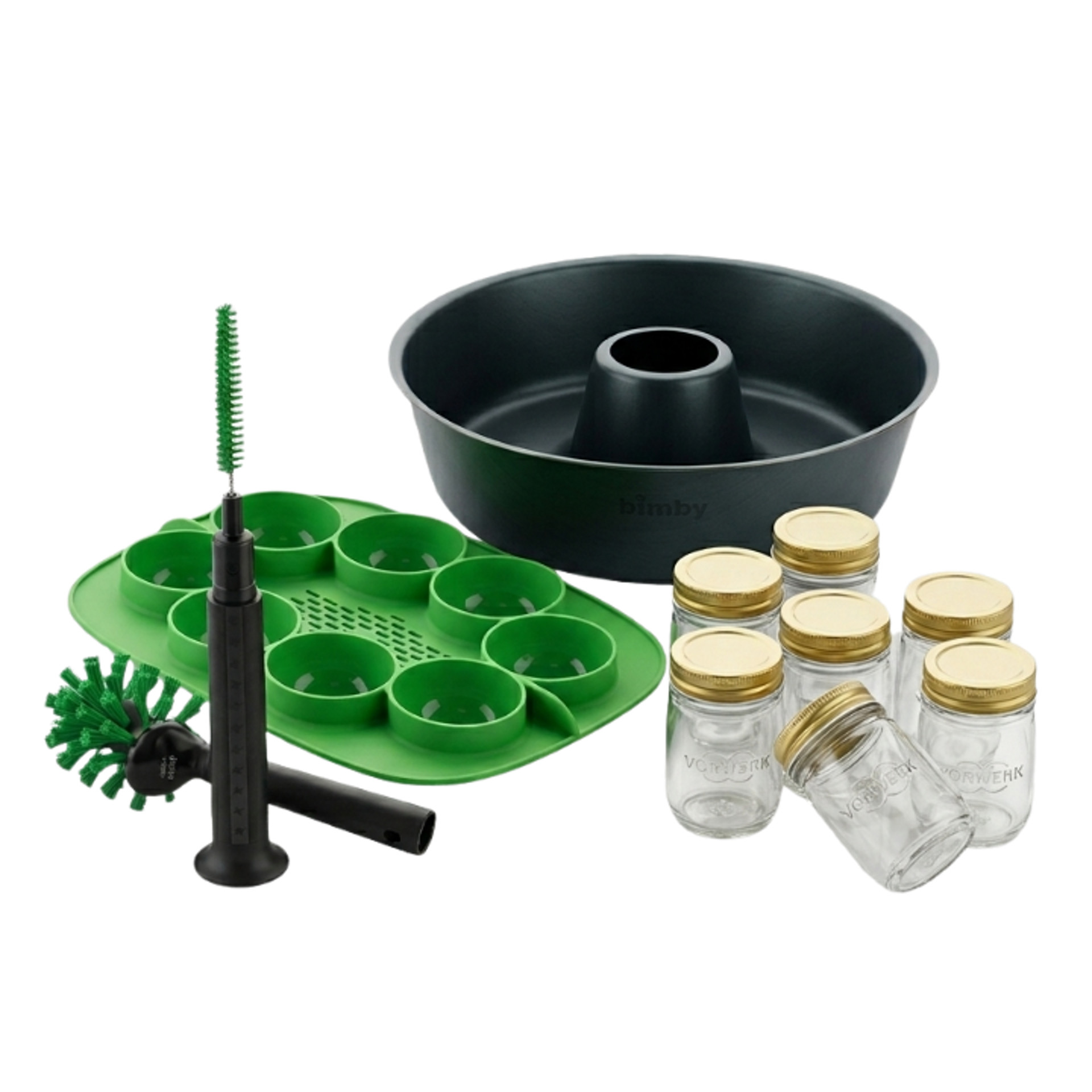 Conjunto de pastelaria com forma de silicone verde para muffins, escovas de limpeza, forma preta e seis frascos de vidro com tampa dourada.