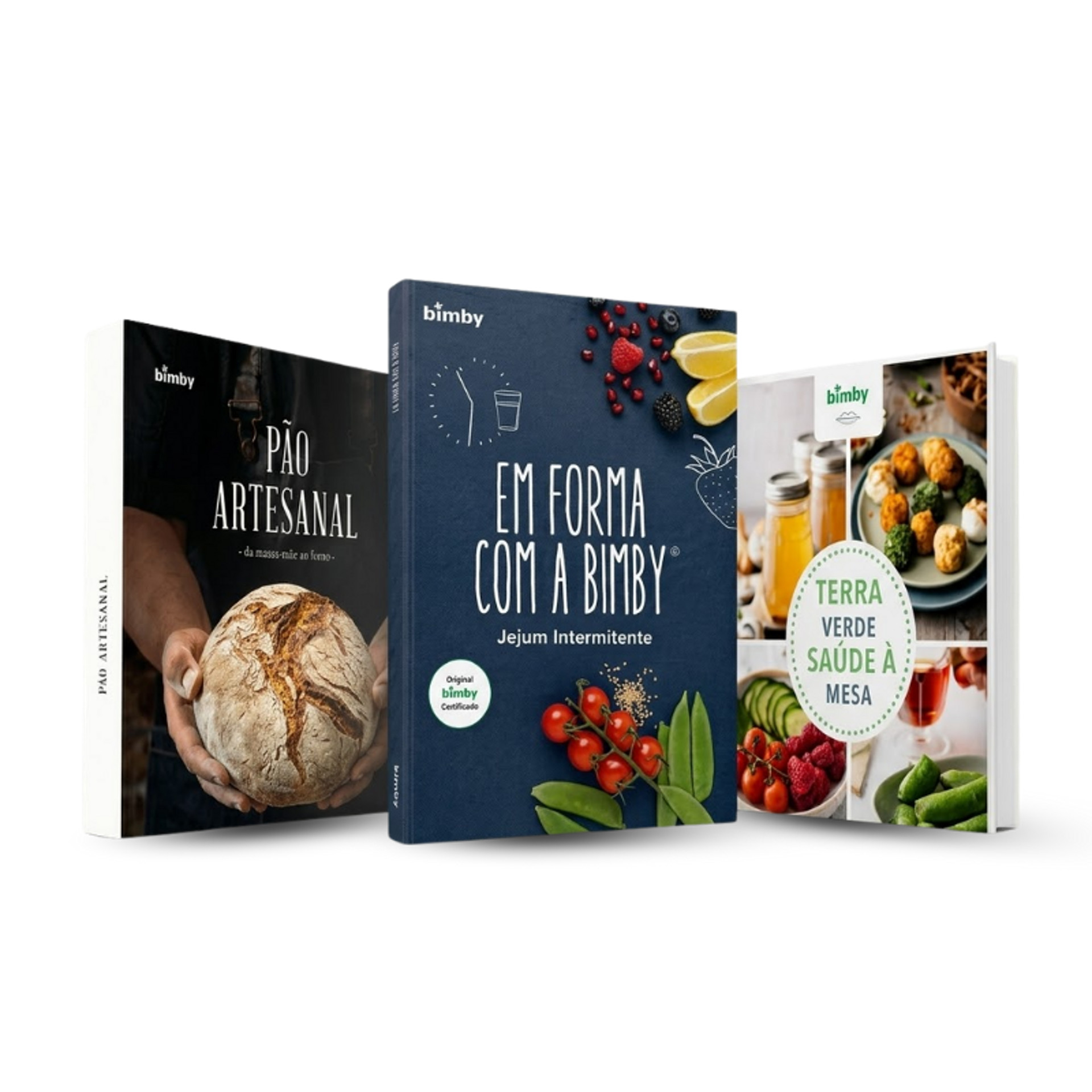 Três livros de receitas Bimby® portugueses sobre pão, alimentação saudável e jejum intermitente em pé.