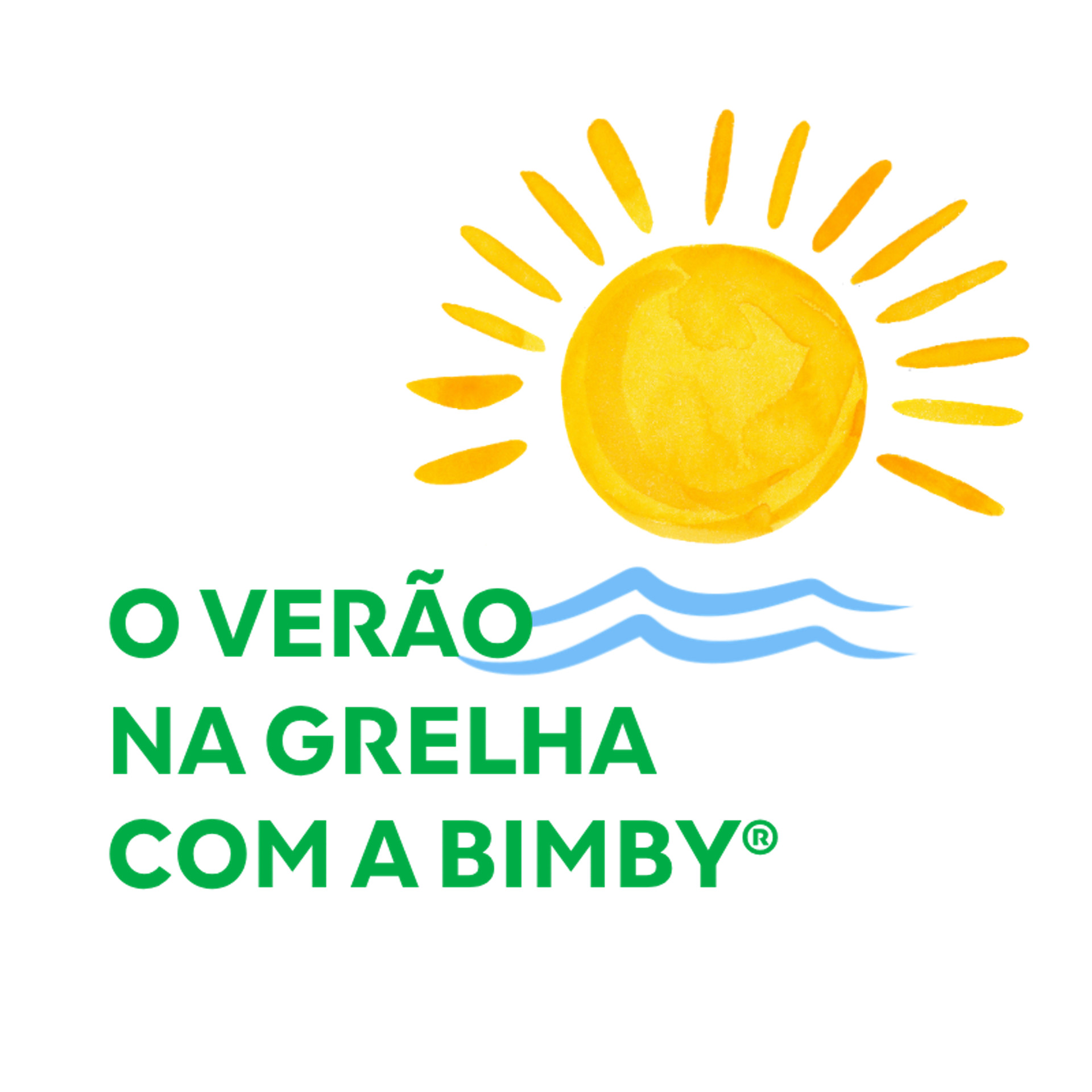 Sol amarelo e ondas acima do texto "O VERÃO NA GRELHA COM A BIMBY®" em verde e azul.