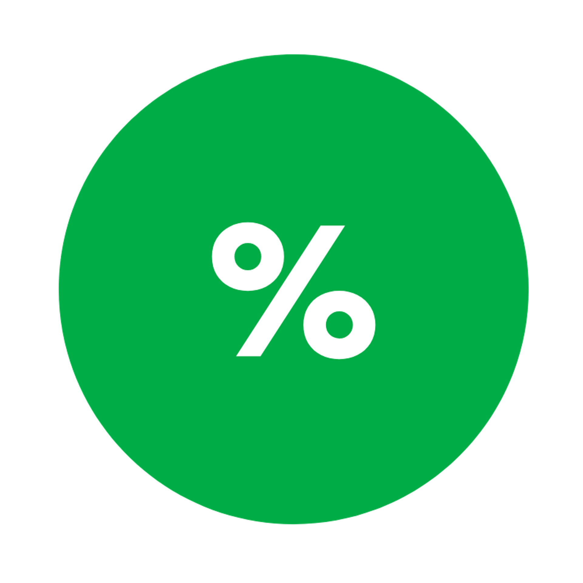 Símbolo de percentagem branco sobre fundo circular verde.