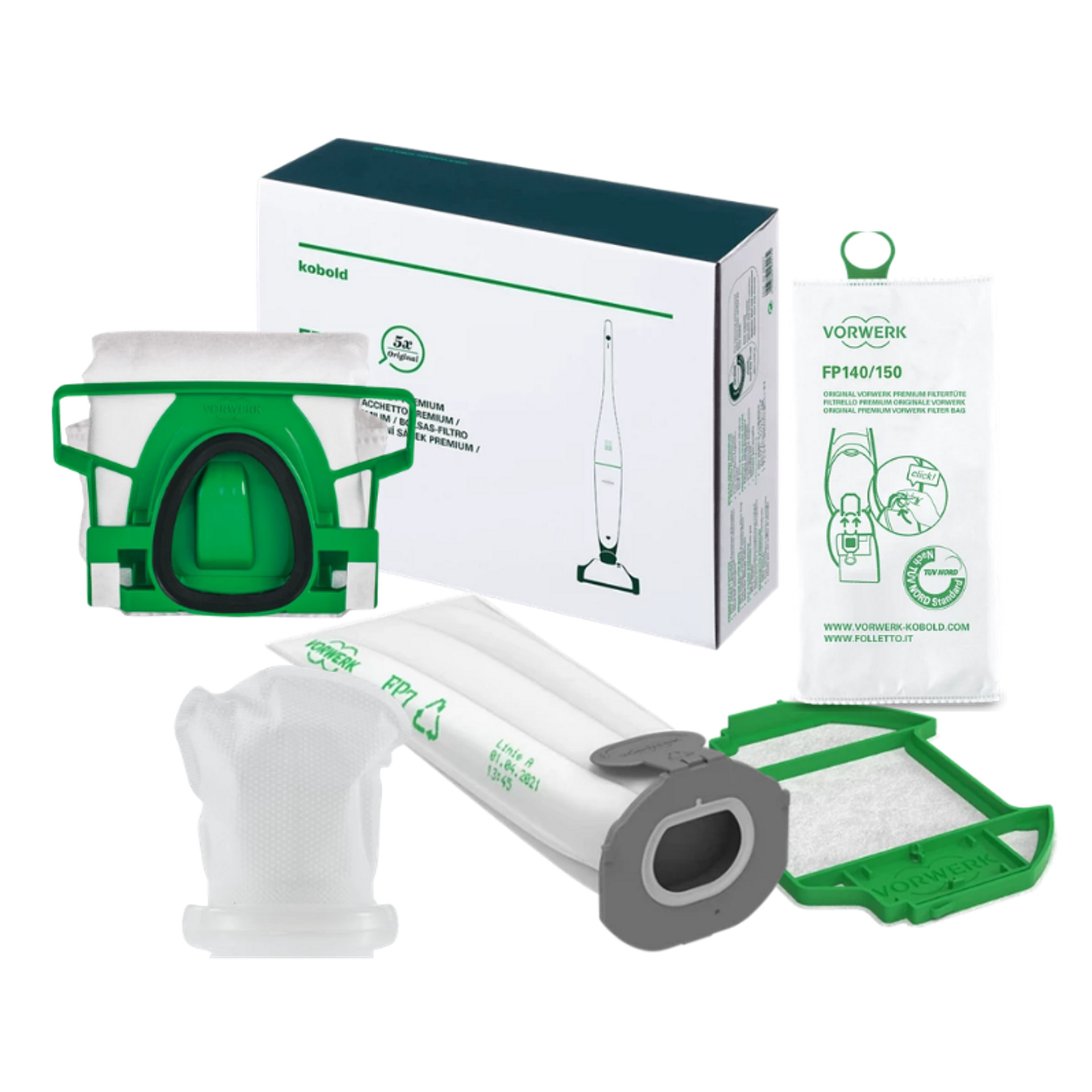 Sacos filtrantes e suportes para aspirador Kobold, com embalagem para recolha e filtragem de pó.