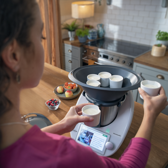 Mulher prepara sobremesas com Bimby TM6 colocando taças no Varoma numa cozinha doméstica