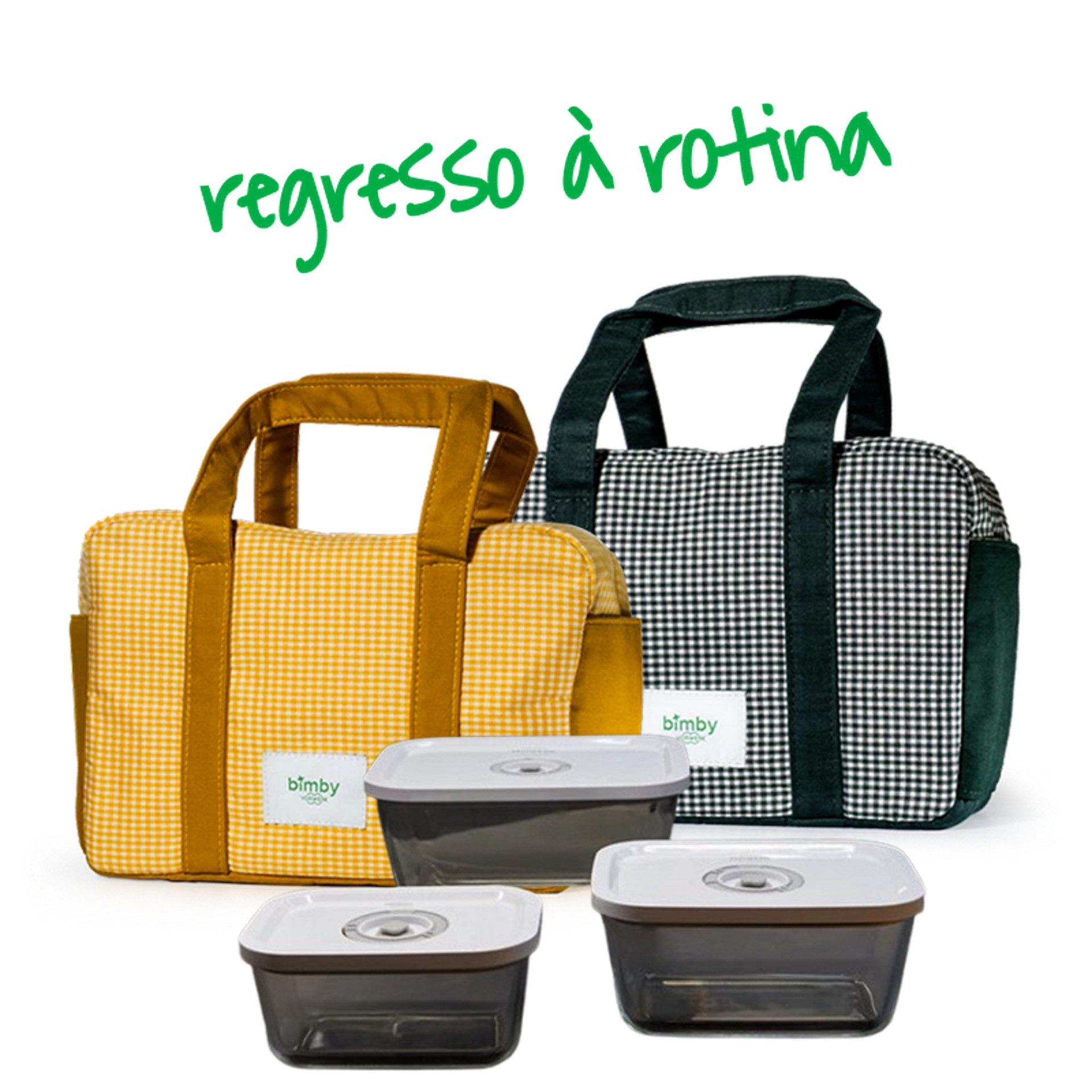 Dois sacos térmicos Bimby® axadrezados, um amarelo e um preto, com três caixas retangulares à frente.