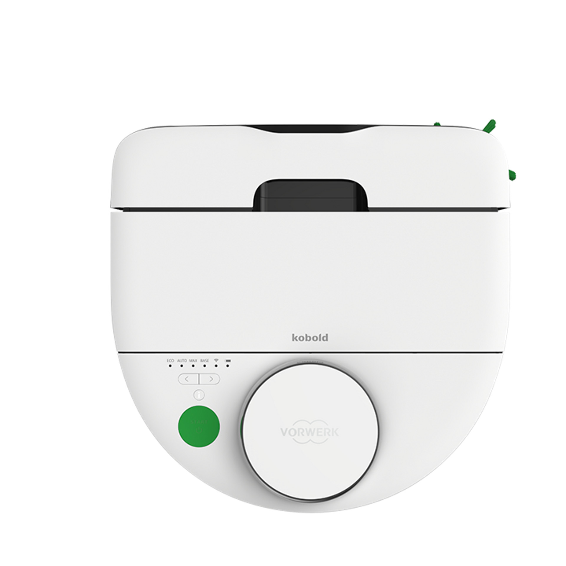 Robot Aspirador VR7 visto desde arriba, con botones de control y logotipo de Vorwerk.