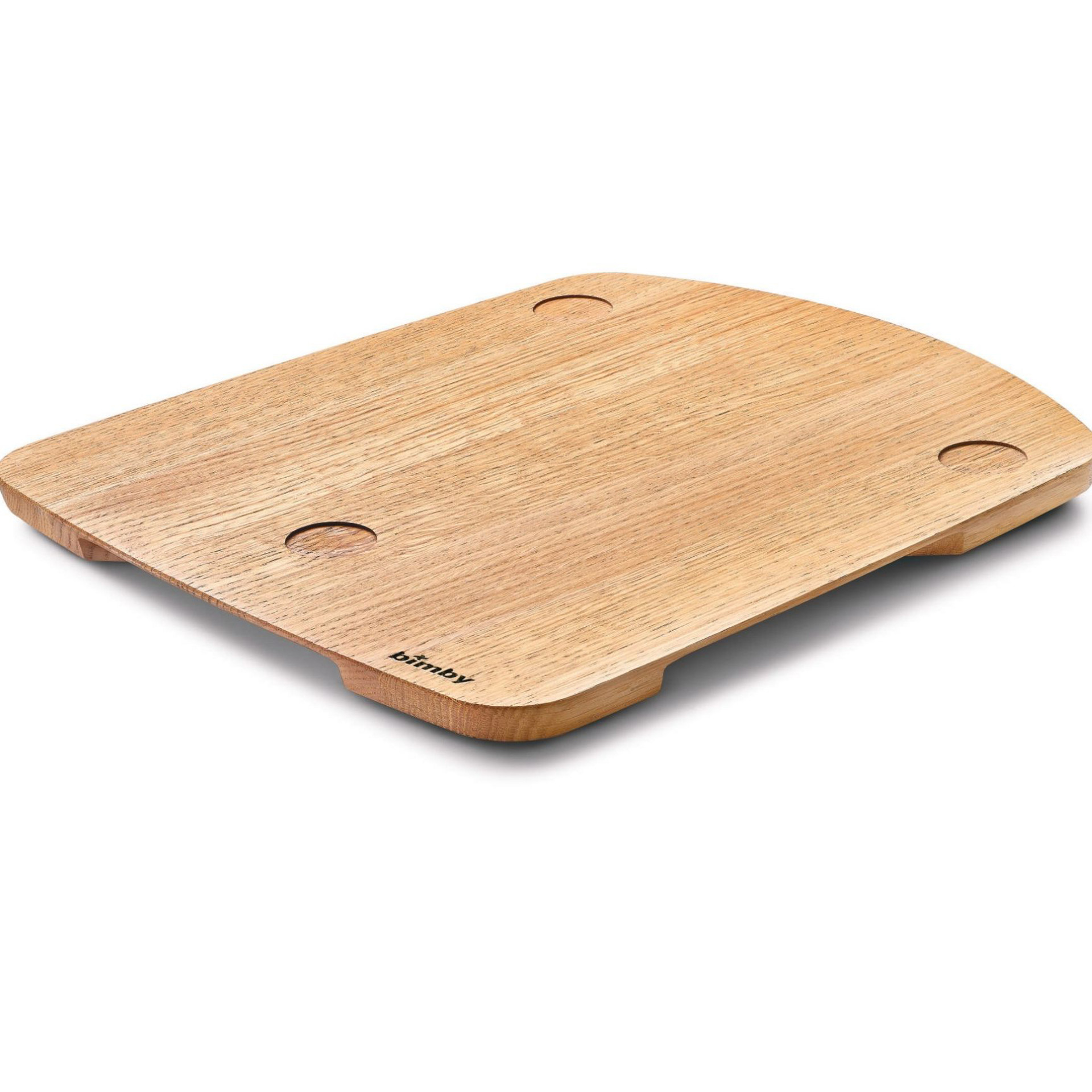 Tábua retangular de madeira com cantos arredondados, pequenos pés e logótipo "bimby" no canto inferior esquerdo.