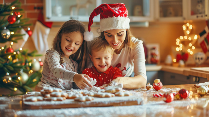 Happy family mother and kids in aprons making Christmas cookies together while cooking in kitchen at home. smiling children helping mom to decorate xmas gingerbreads during winter holidays.