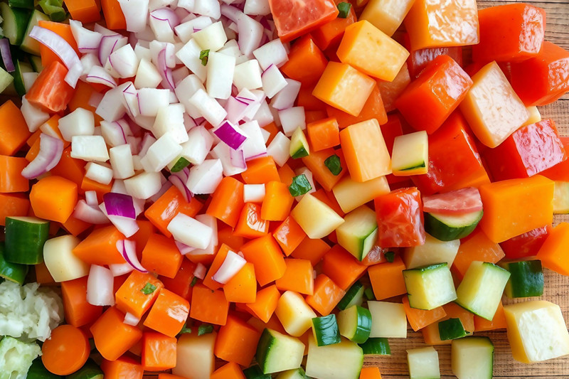 Close-up of various vegetables chopped on a board. AI generated
