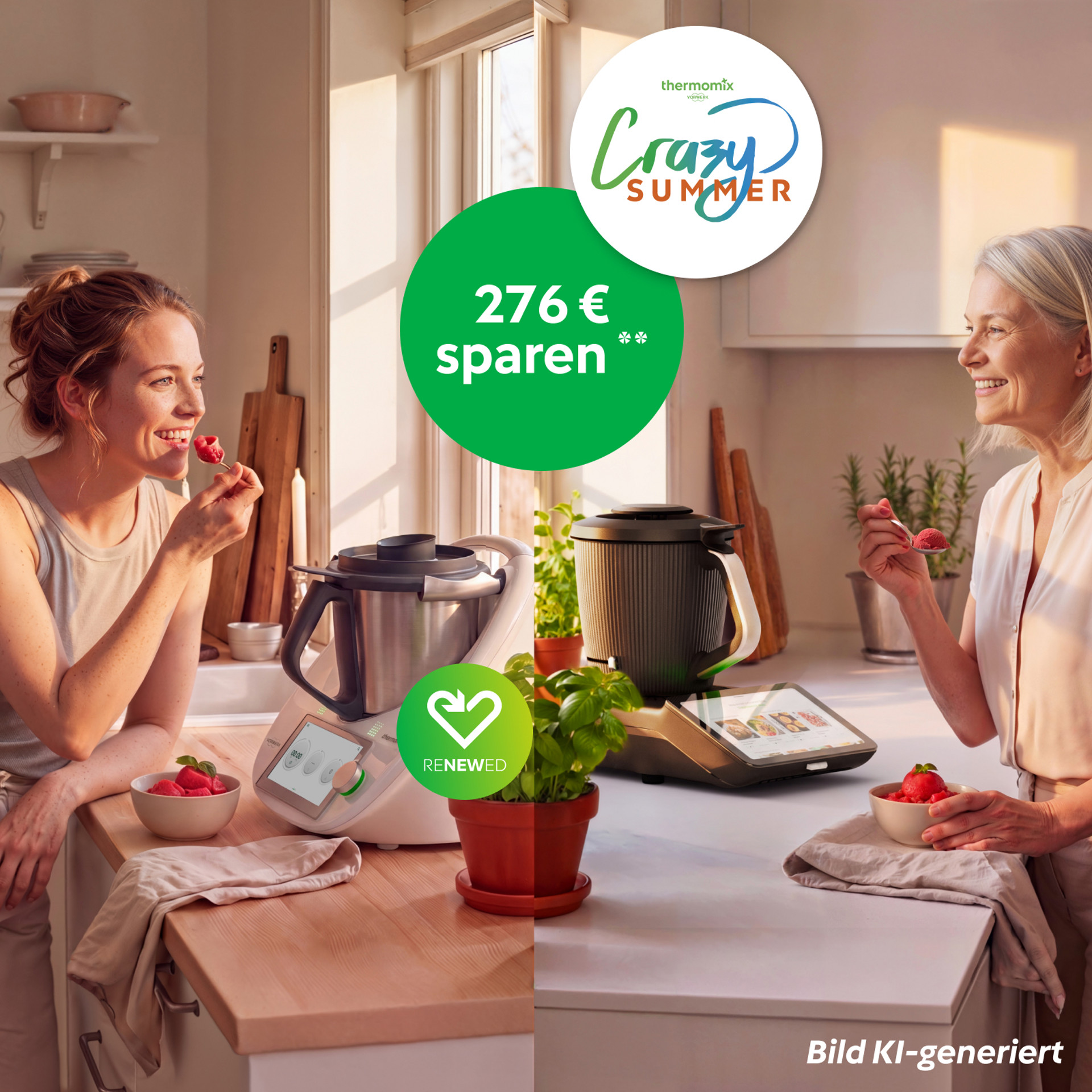 Zwei Frauen in einer Küche mit Thermomix® TM6 und Thermomix® TM7, essen Erdbeeren, grünes Spar-Badge und Sommeraktion.