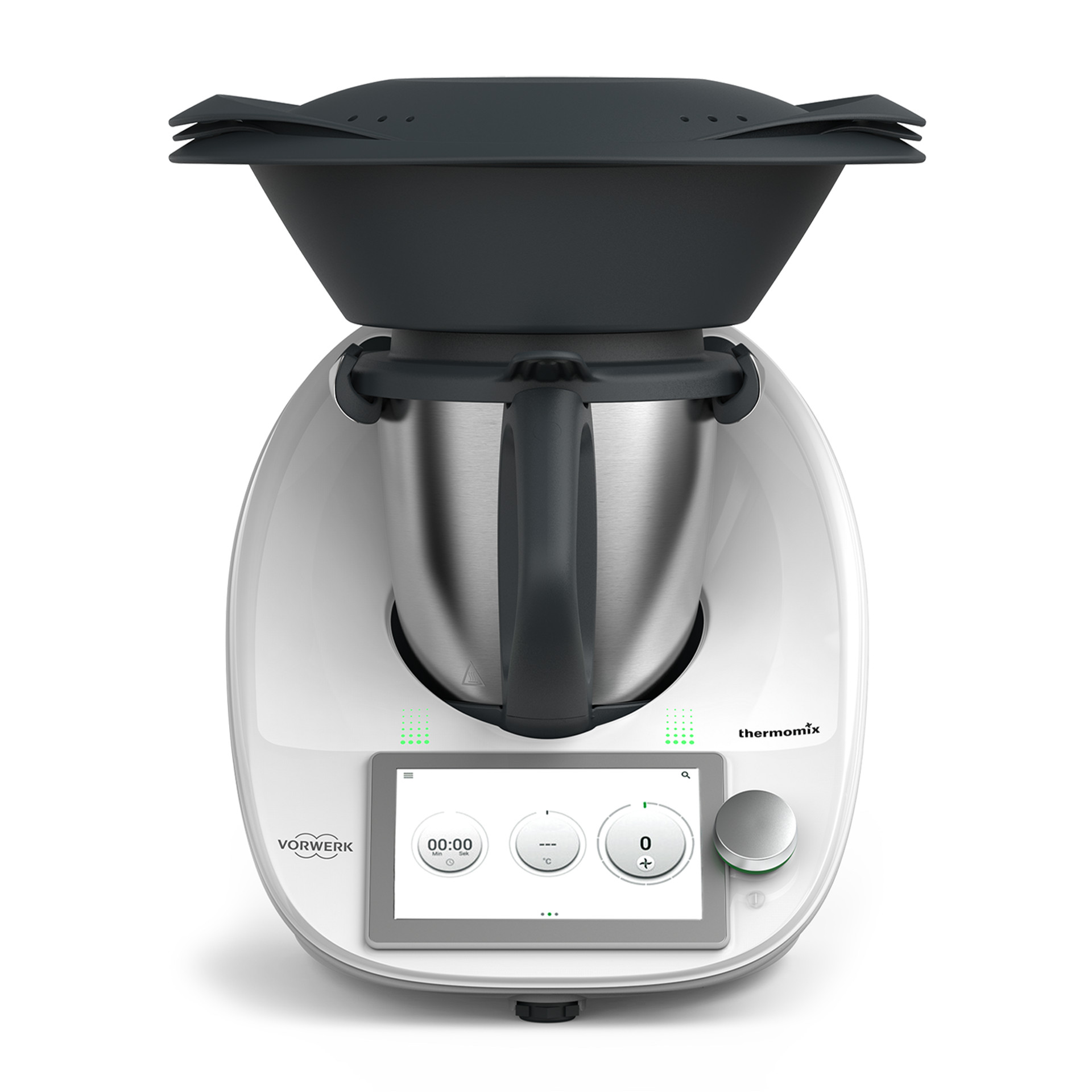 Thermomix® TM6 con accesorio Varoma, pantalla y vaso principal visibles.